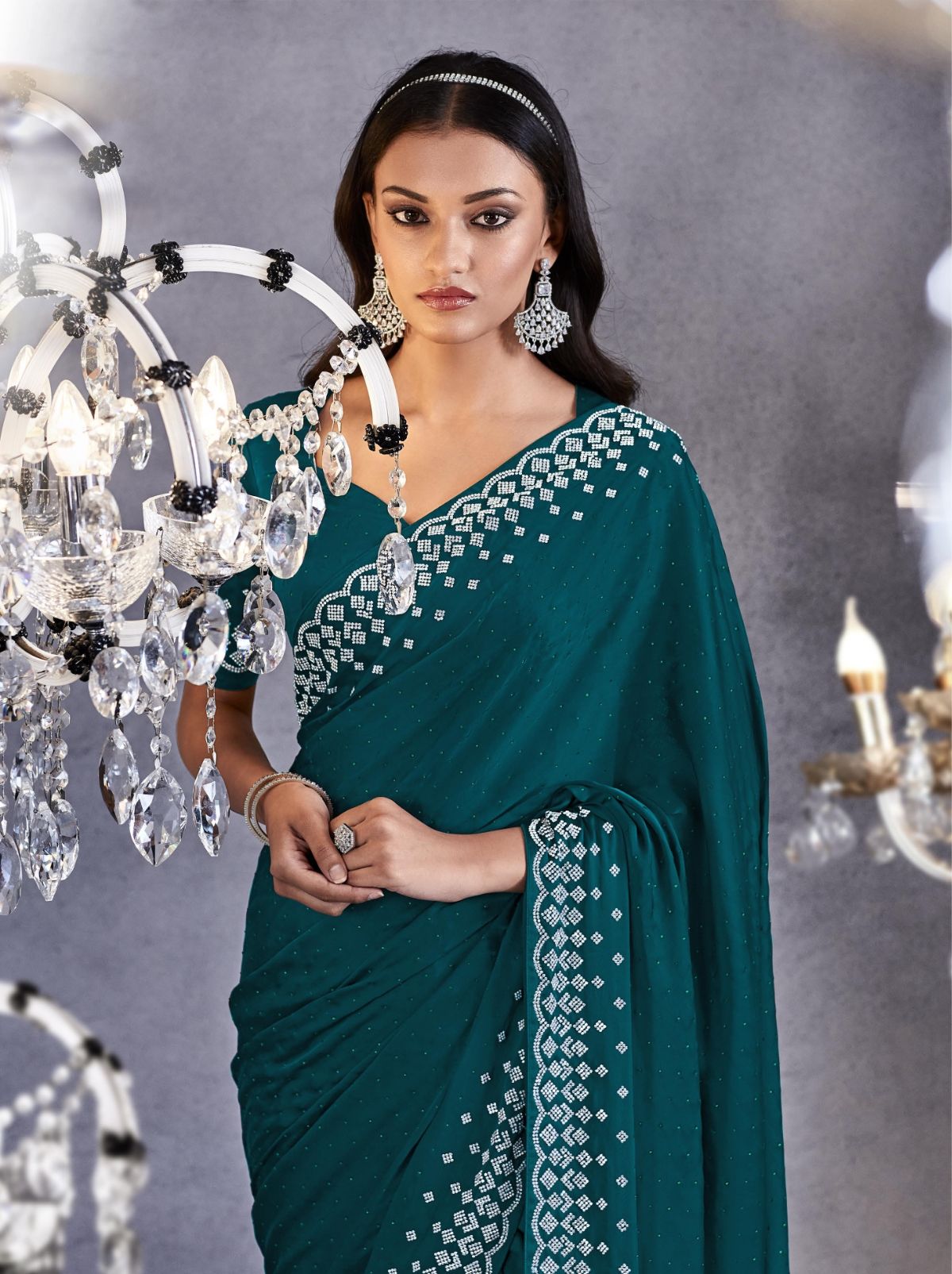 Pine Green Premium Satin Silk Saree - TrendOye