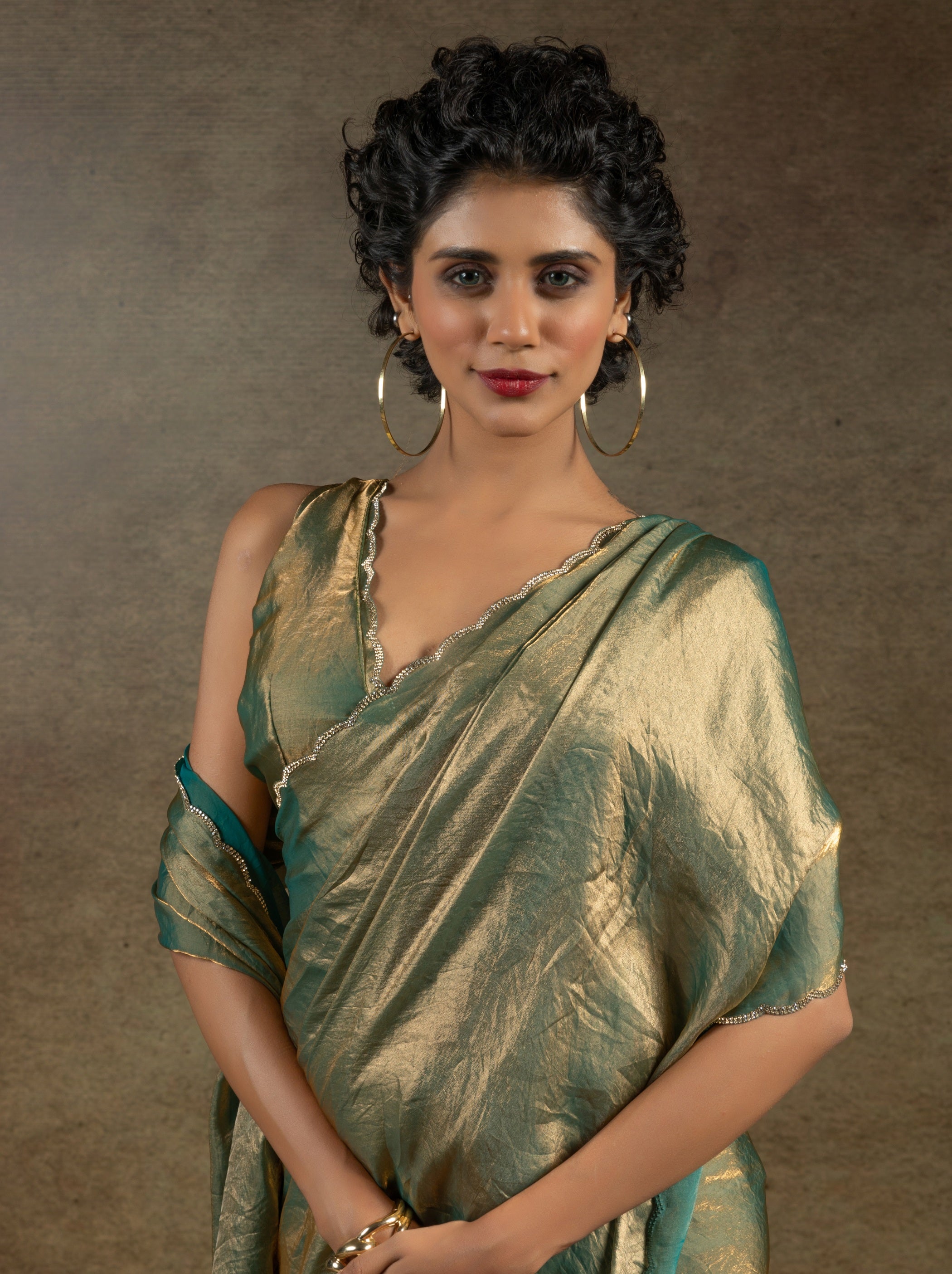 Teal Green Designer Ready to Wear Party Saree With Stone Work - TrendOye
