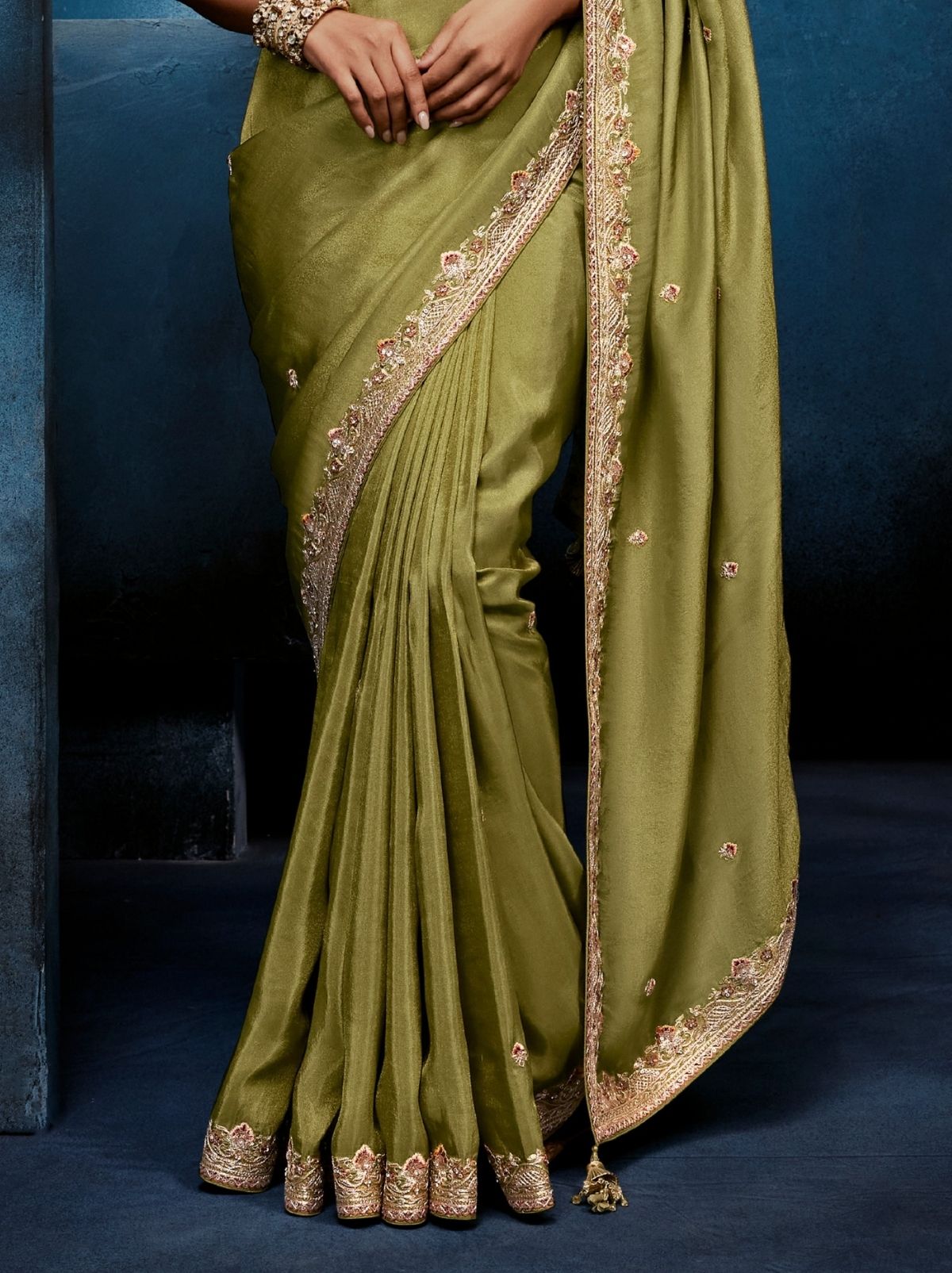 Moss Green Premium Sequin Embellished Designer Saree With Blouse