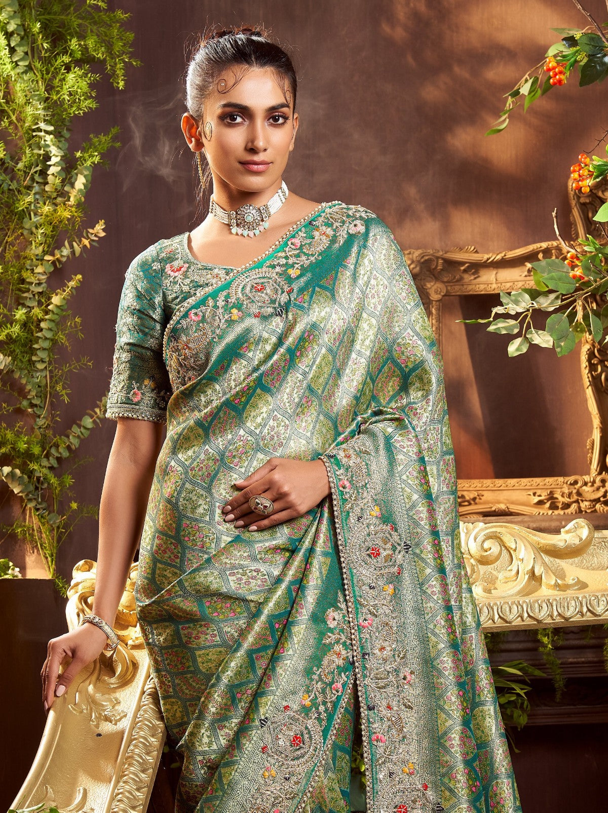 Jade Green Premium Silk Blend Saree With Gold Thread Work