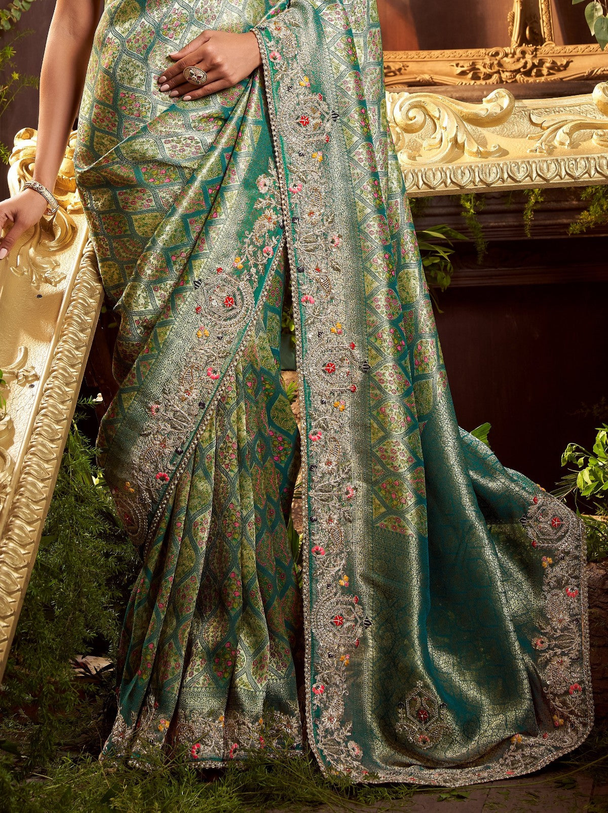 Jade Green Premium Silk Blend Saree With Gold Thread Work