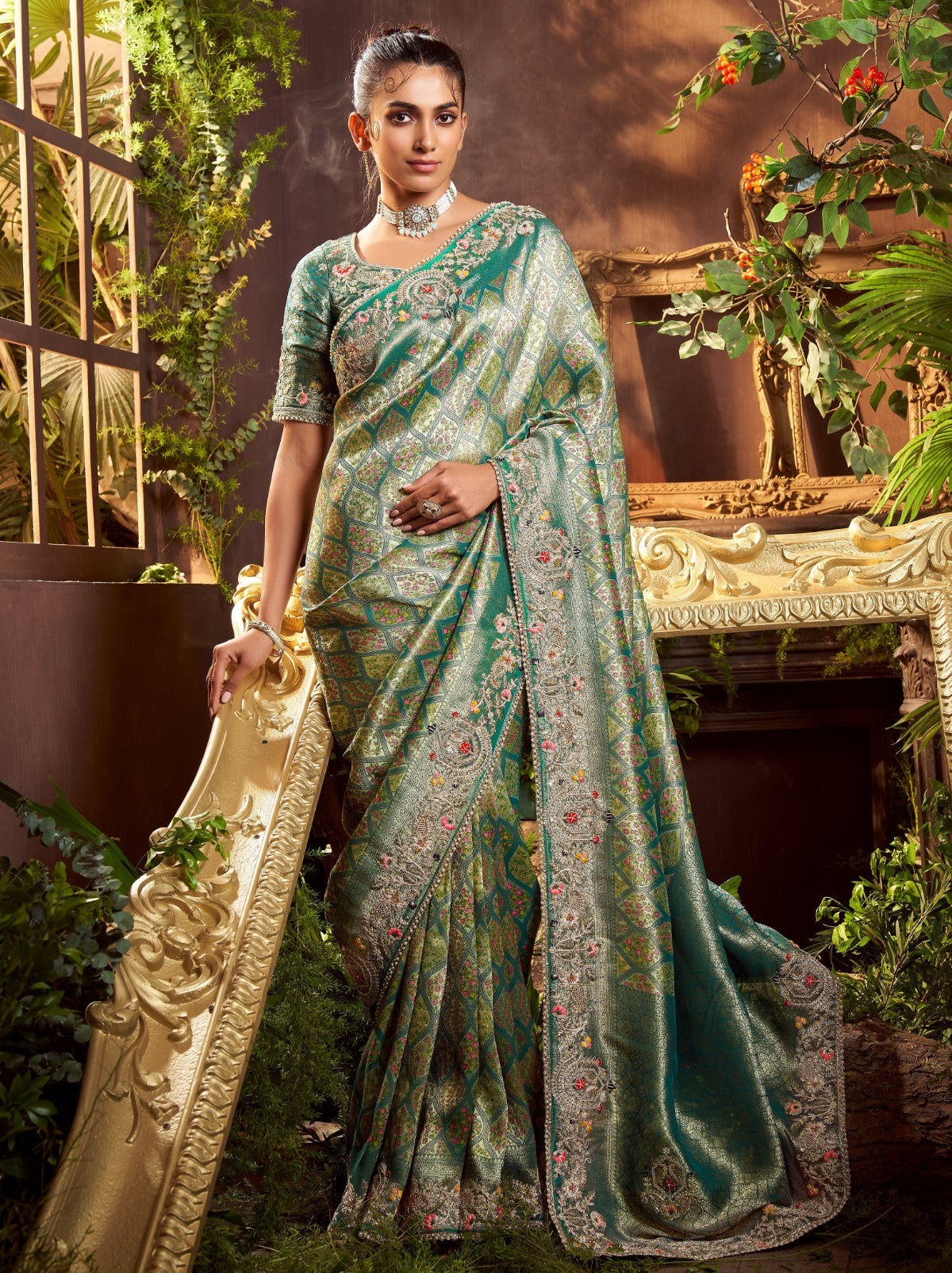 Jade Green Premium Silk Blend Saree With Gold Thread Work