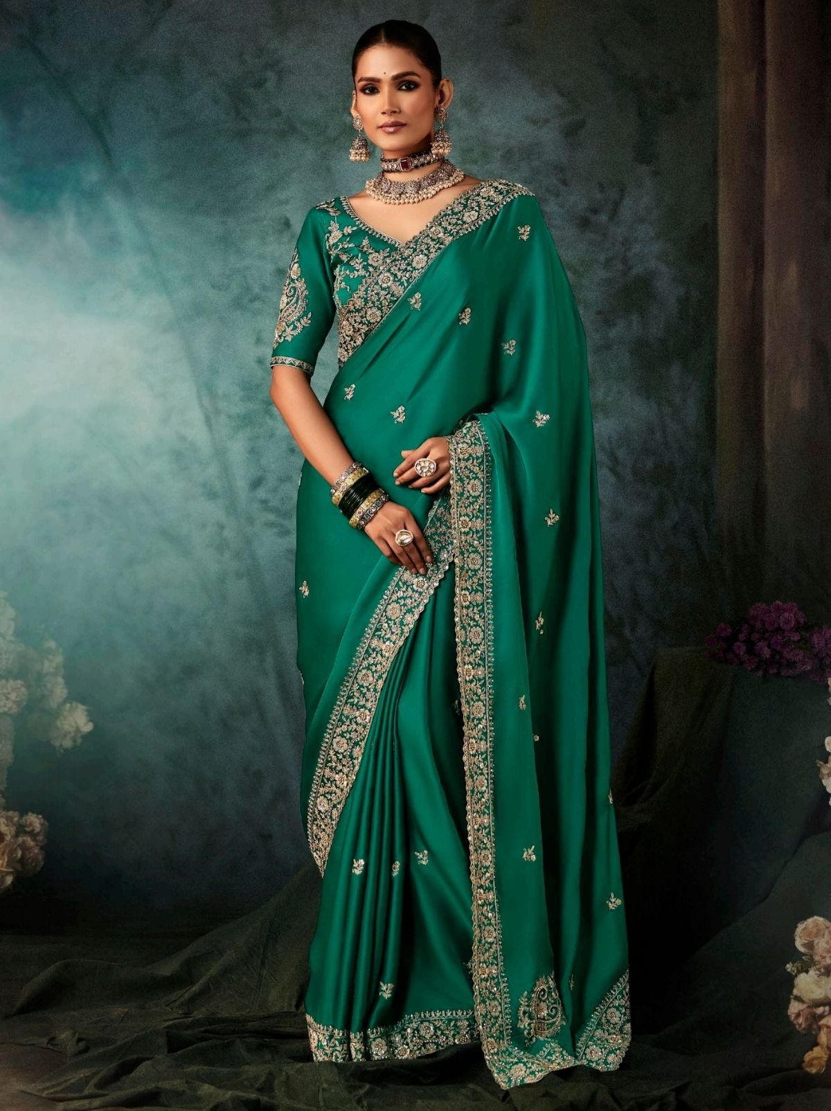 Pine Green Premium Soft Satin Silk Saree With Sequin Work