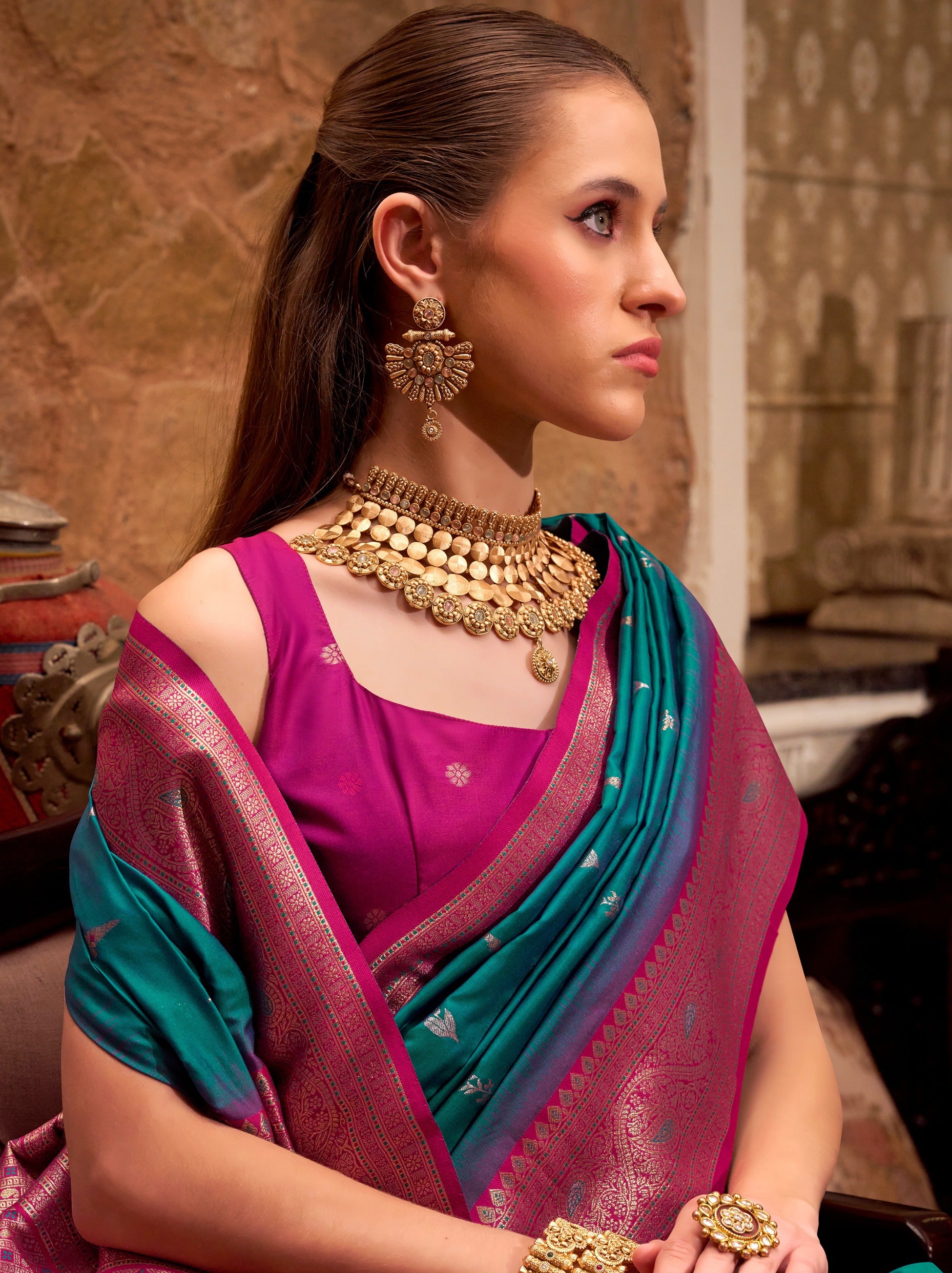 Teal Green Premium Festive Silk Saree With Unstitched Blouse - TrendOye