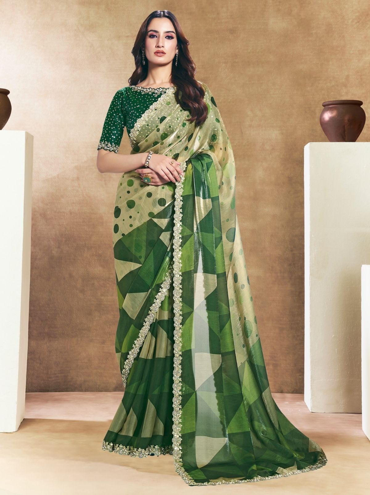 Tea Green Premium Two Tone Satin Silk Saree WIth Blouse Piece - TrendOye