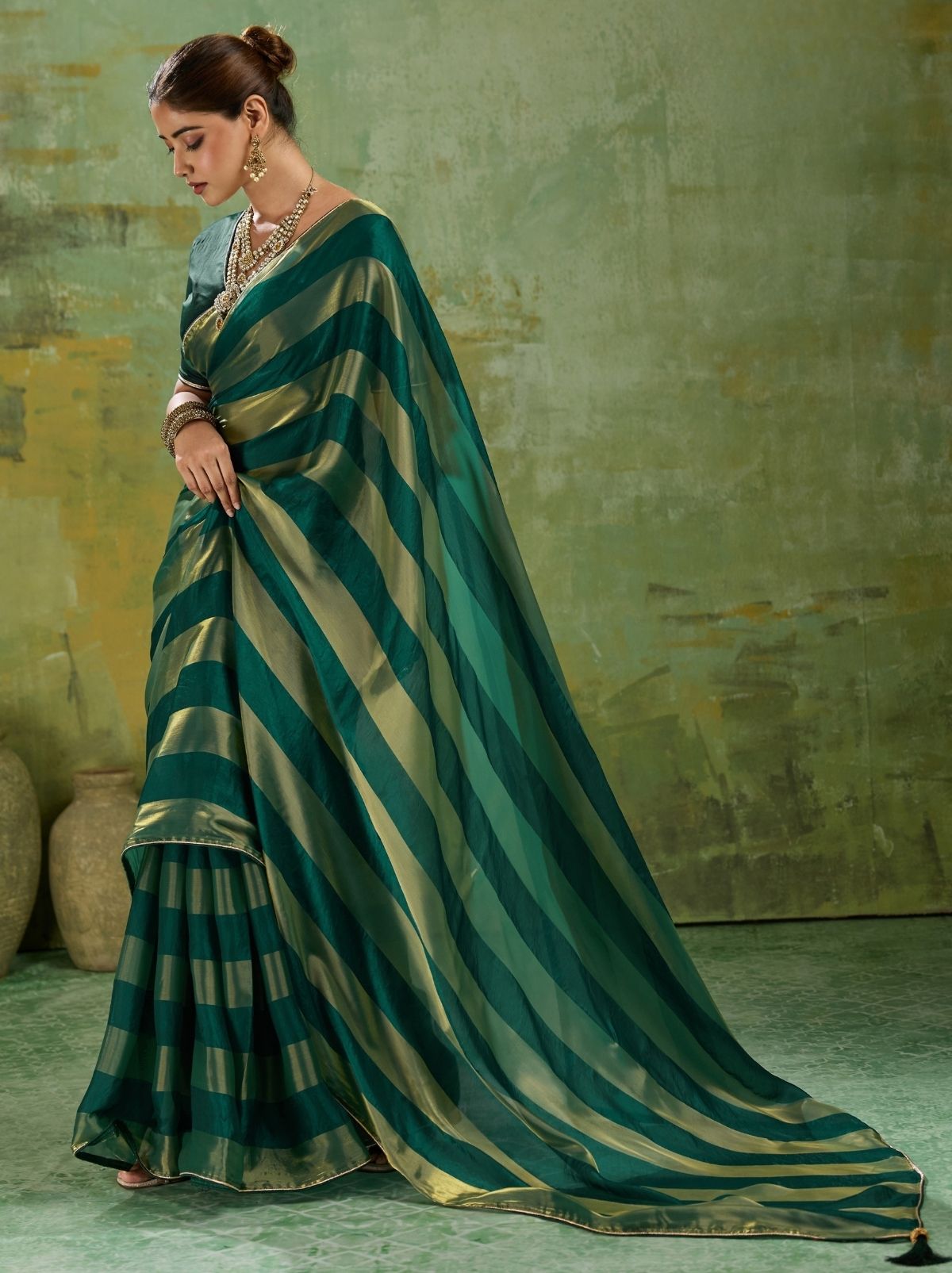 Forest Green Premium Velvet Satin Saree With Tassel Work