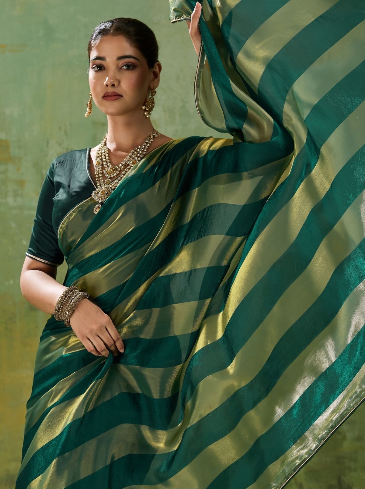 Forest Green Premium Velvet Satin Saree With Tassel Work