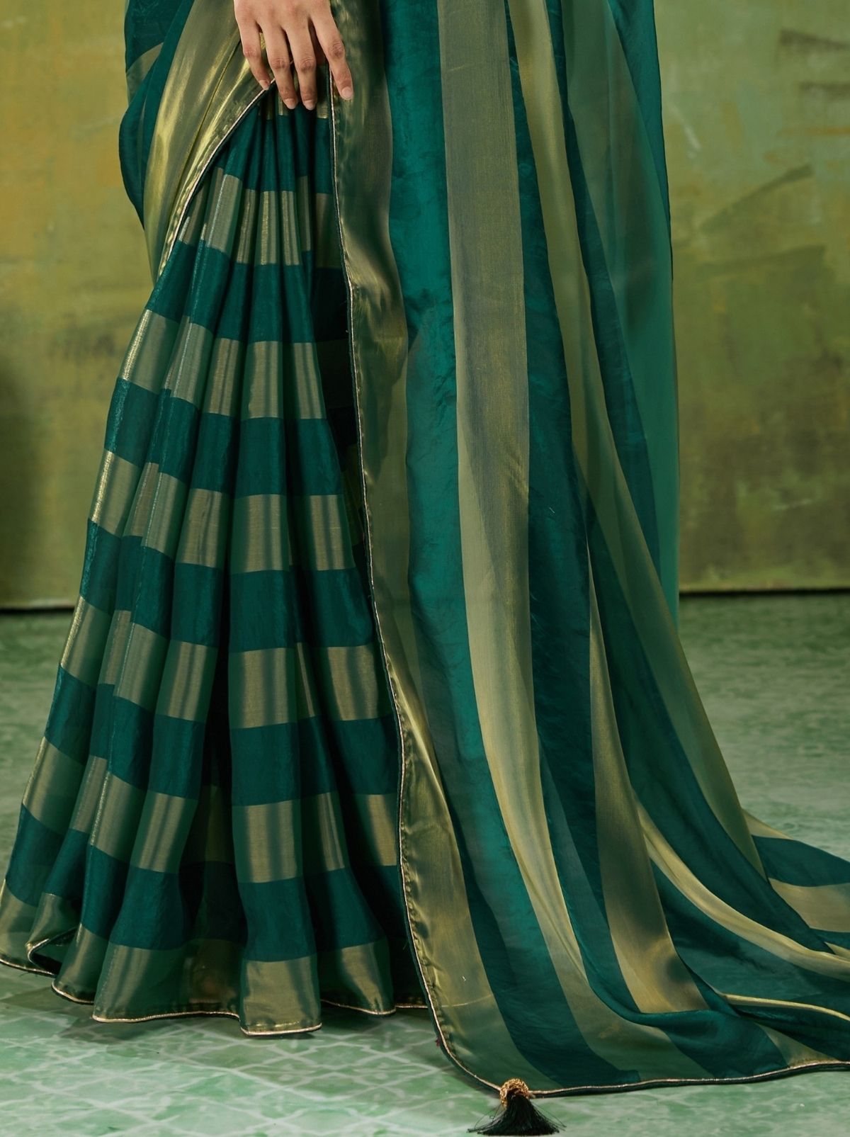 Forest Green Premium Velvet Satin Saree With Tassel Work