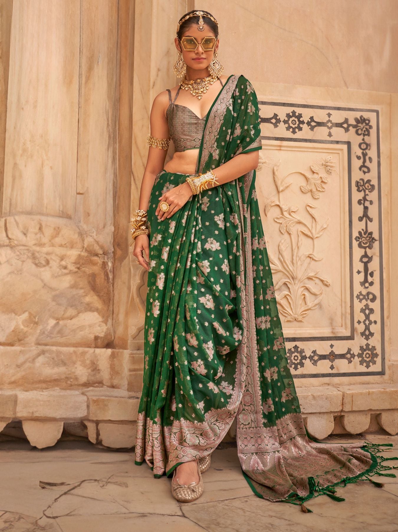 Forest Green Festive Party Saree - TrendOye