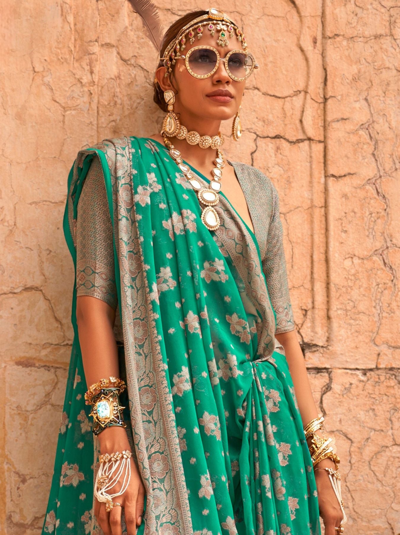 Pine Green Festive Party Saree - TrendOye