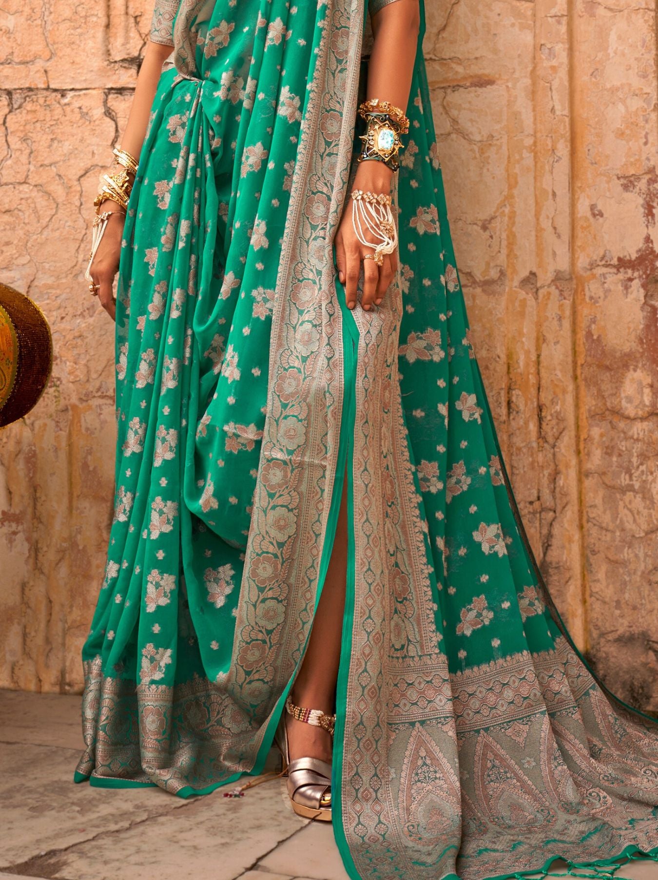 Pine Green Festive Party Saree - TrendOye