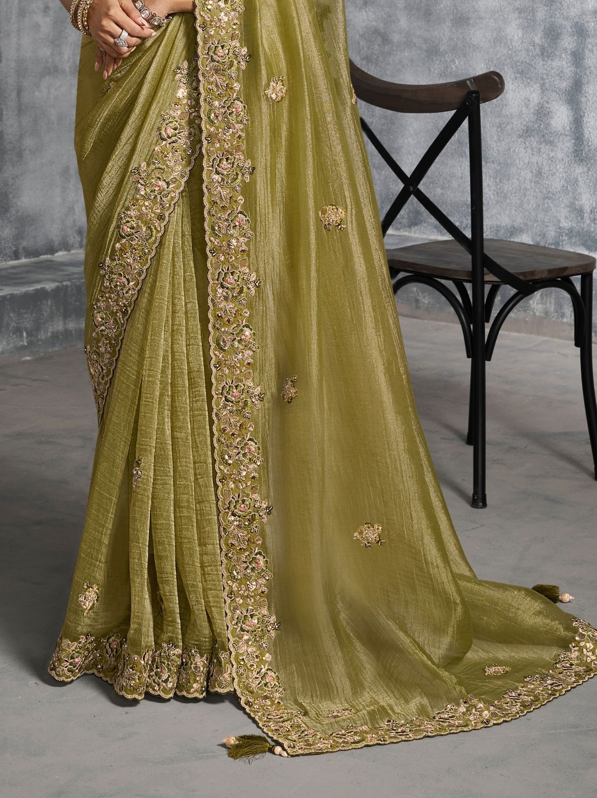 Olive Green Premium Zari Tissue Silk Saree With Tassels