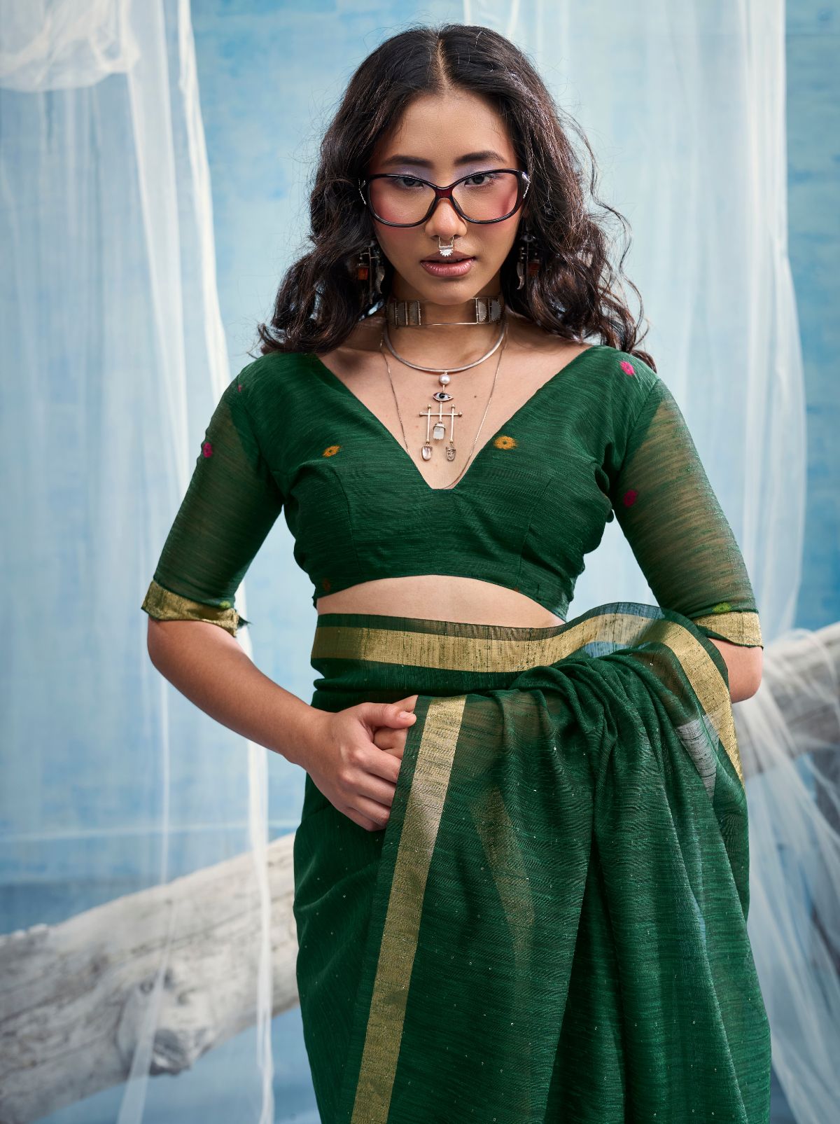Sacramento Green Pure Munga Silk Ethnic Saree With Floral Work