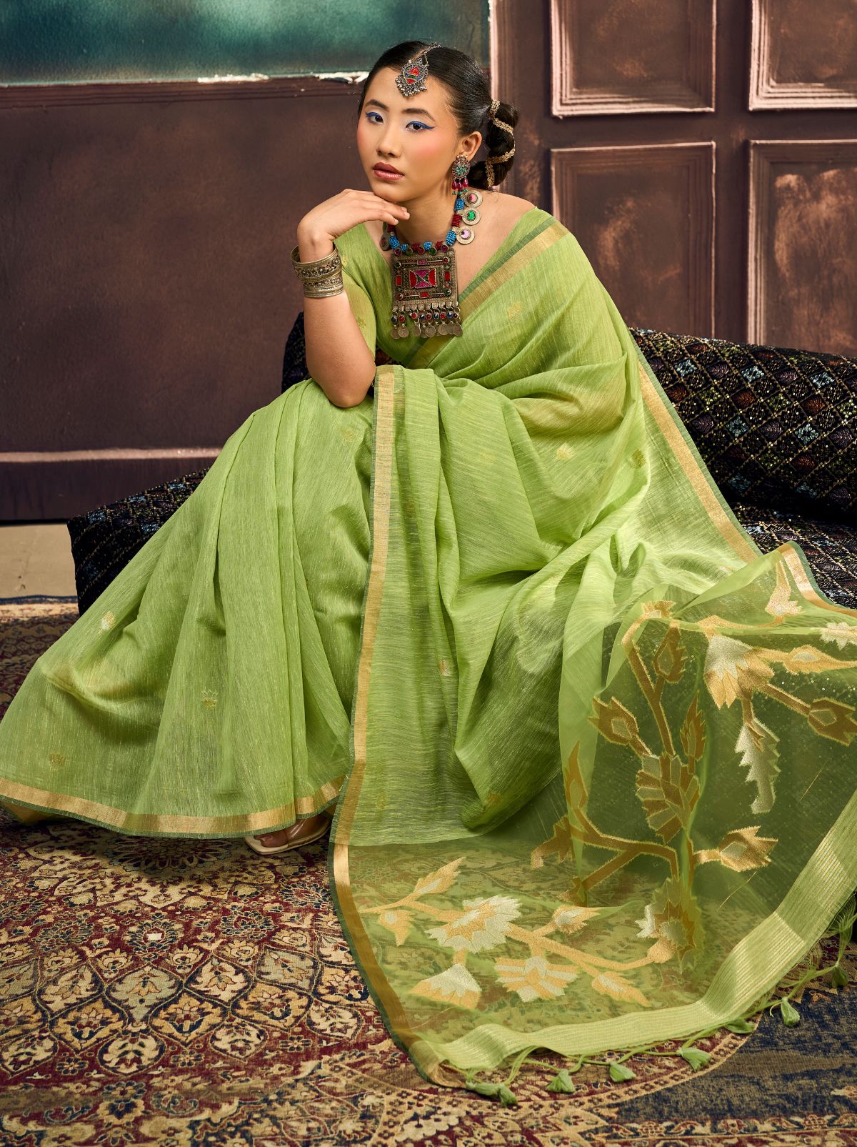 Apple Green Pure Munga Silk Traditional Handloom Saree