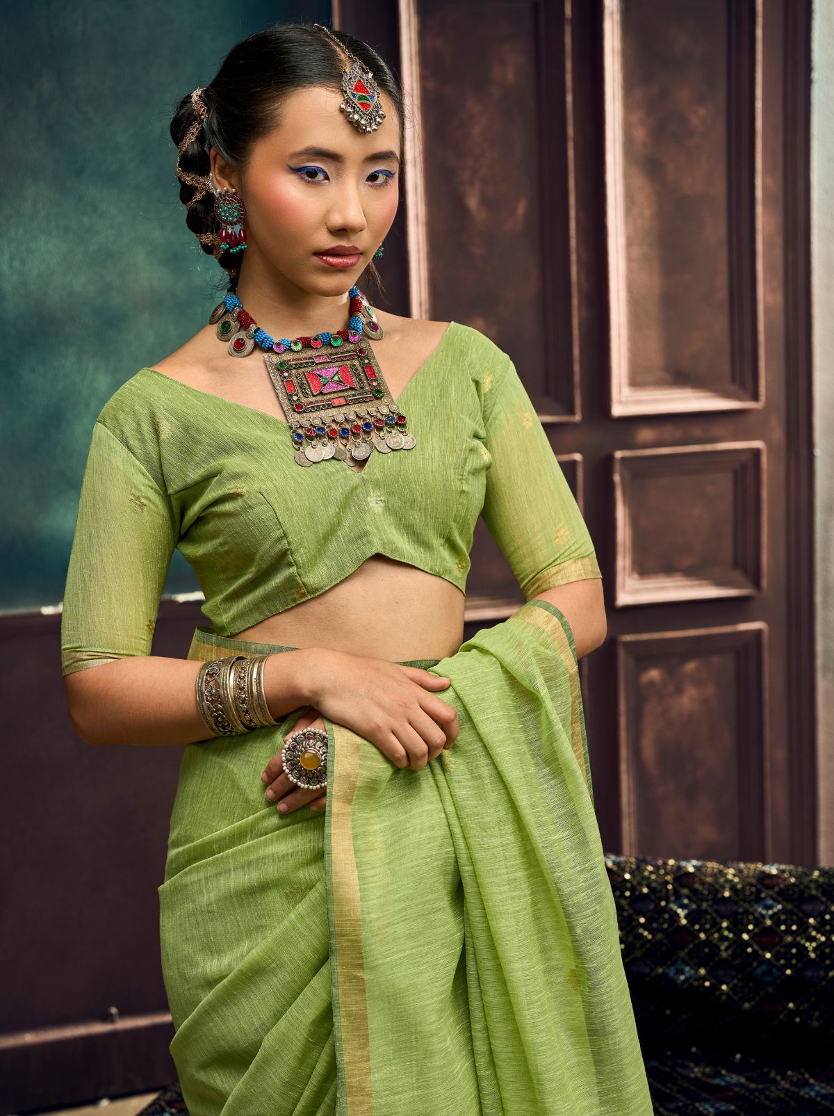 Apple Green Pure Munga Silk Traditional Handloom Saree