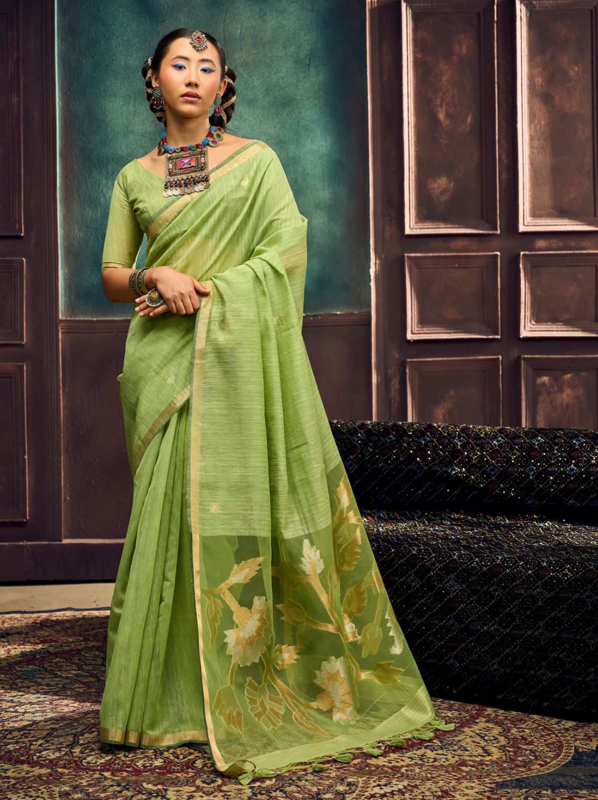 Apple Green Pure Munga Silk Traditional Handloom Saree