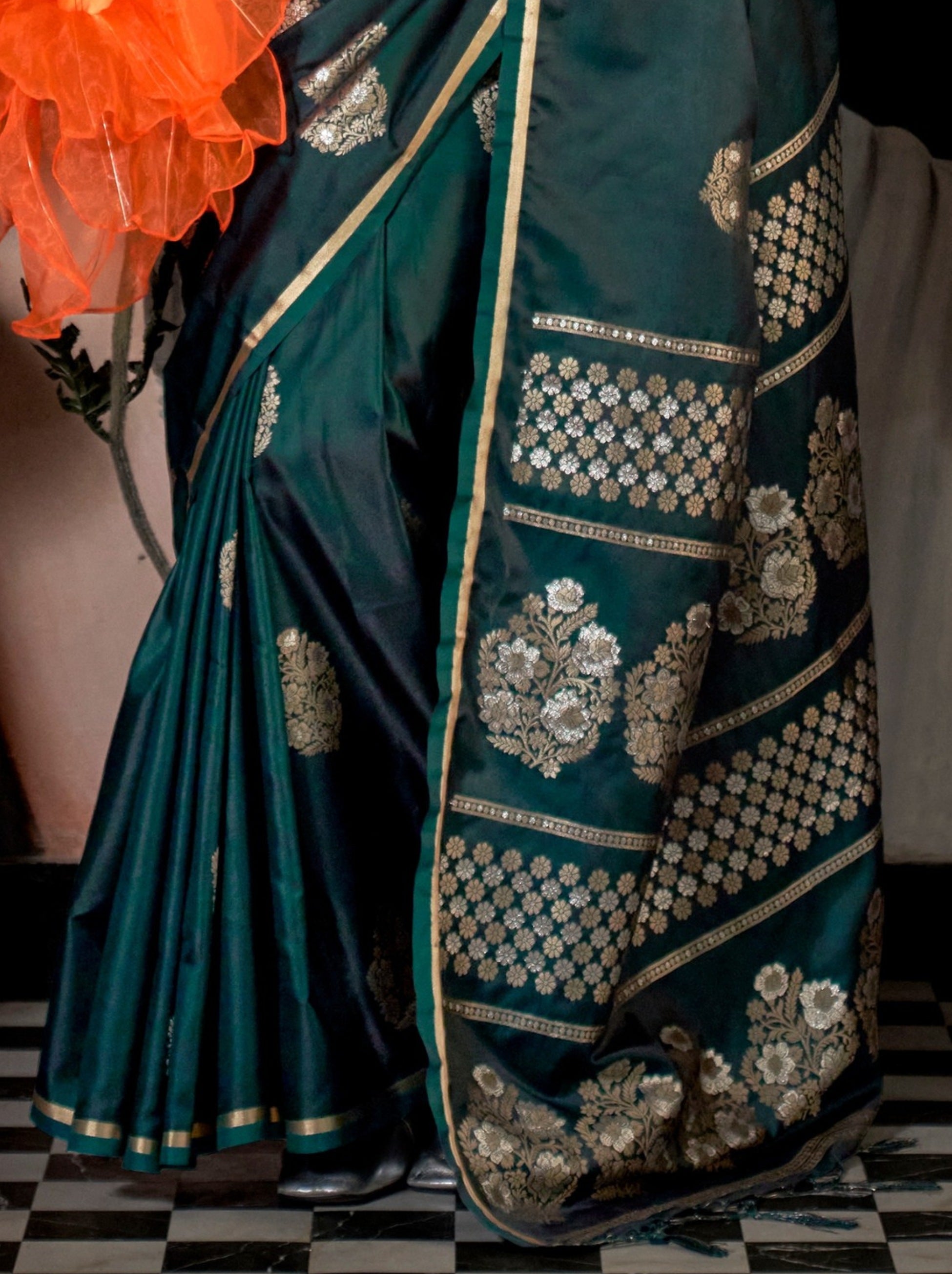 Bottle Green Ethnic Designer Satin Saree With Floral Motifs - TrendOye