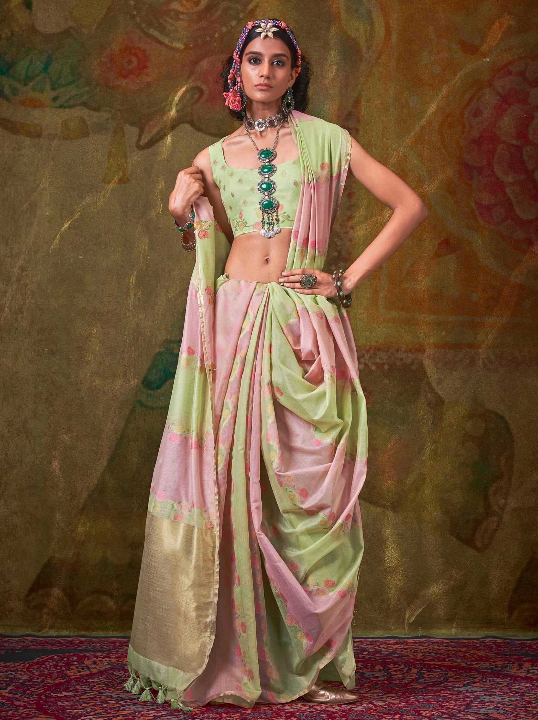 Tea Green Pure Weaving Fancy Fabric Party Saree - TrendOye