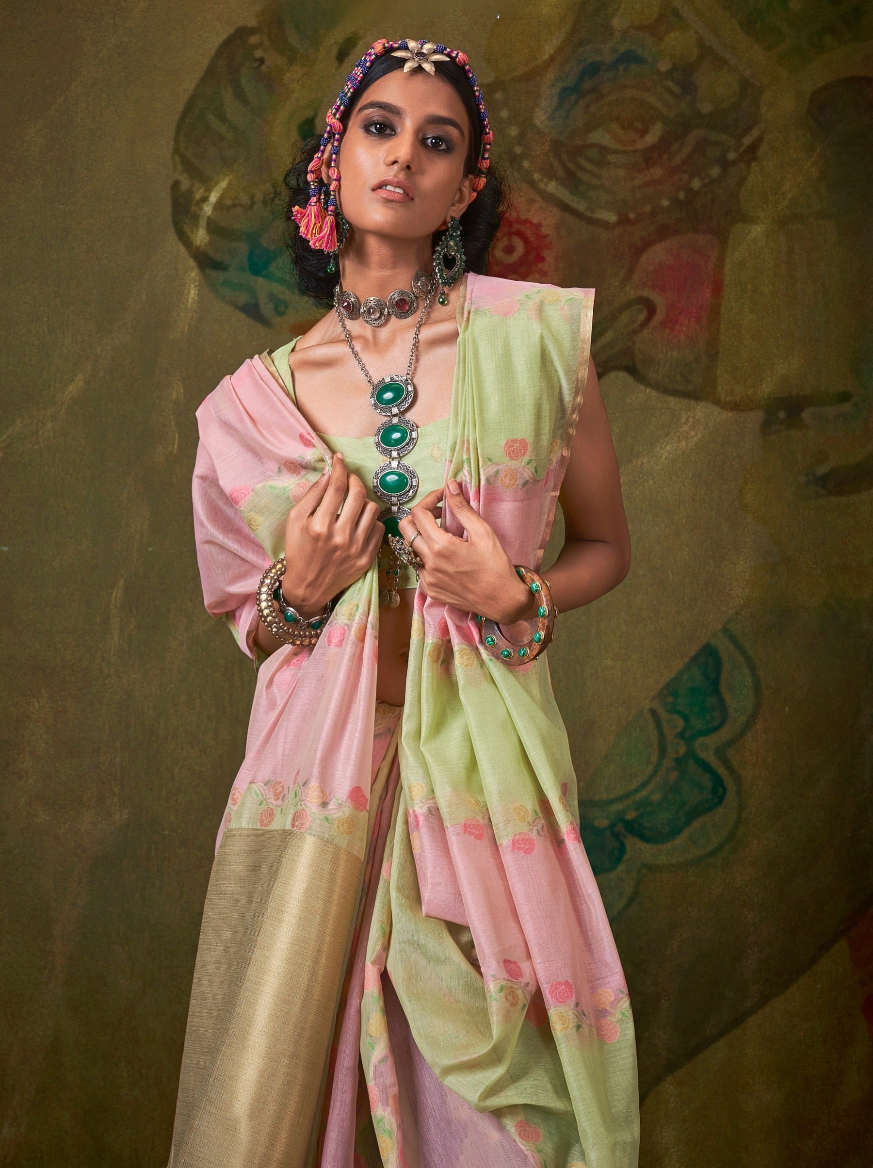 Tea Green Pure Weaving Fancy Fabric Party Saree - TrendOye