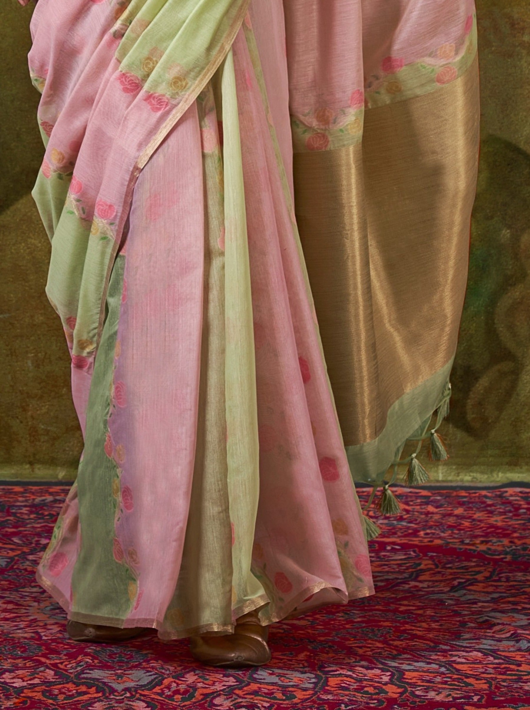 Tea Green Pure Weaving Fancy Fabric Party Saree - TrendOye