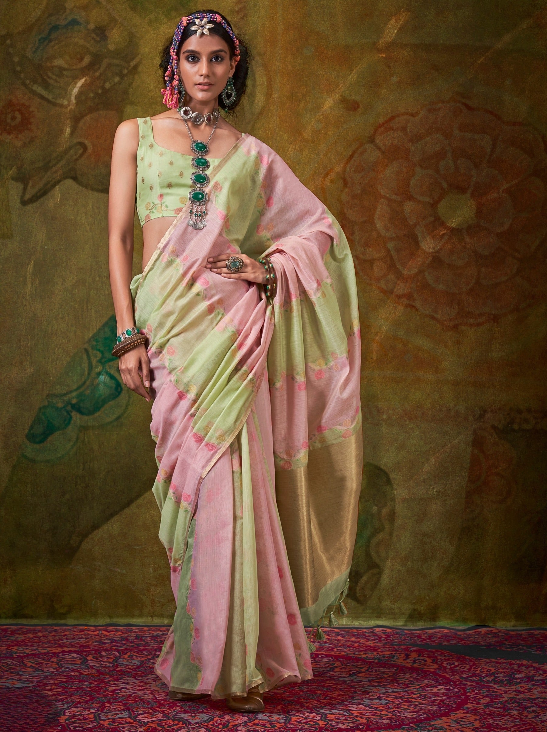 Tea Green Pure Weaving Fancy Fabric Party Saree - TrendOye