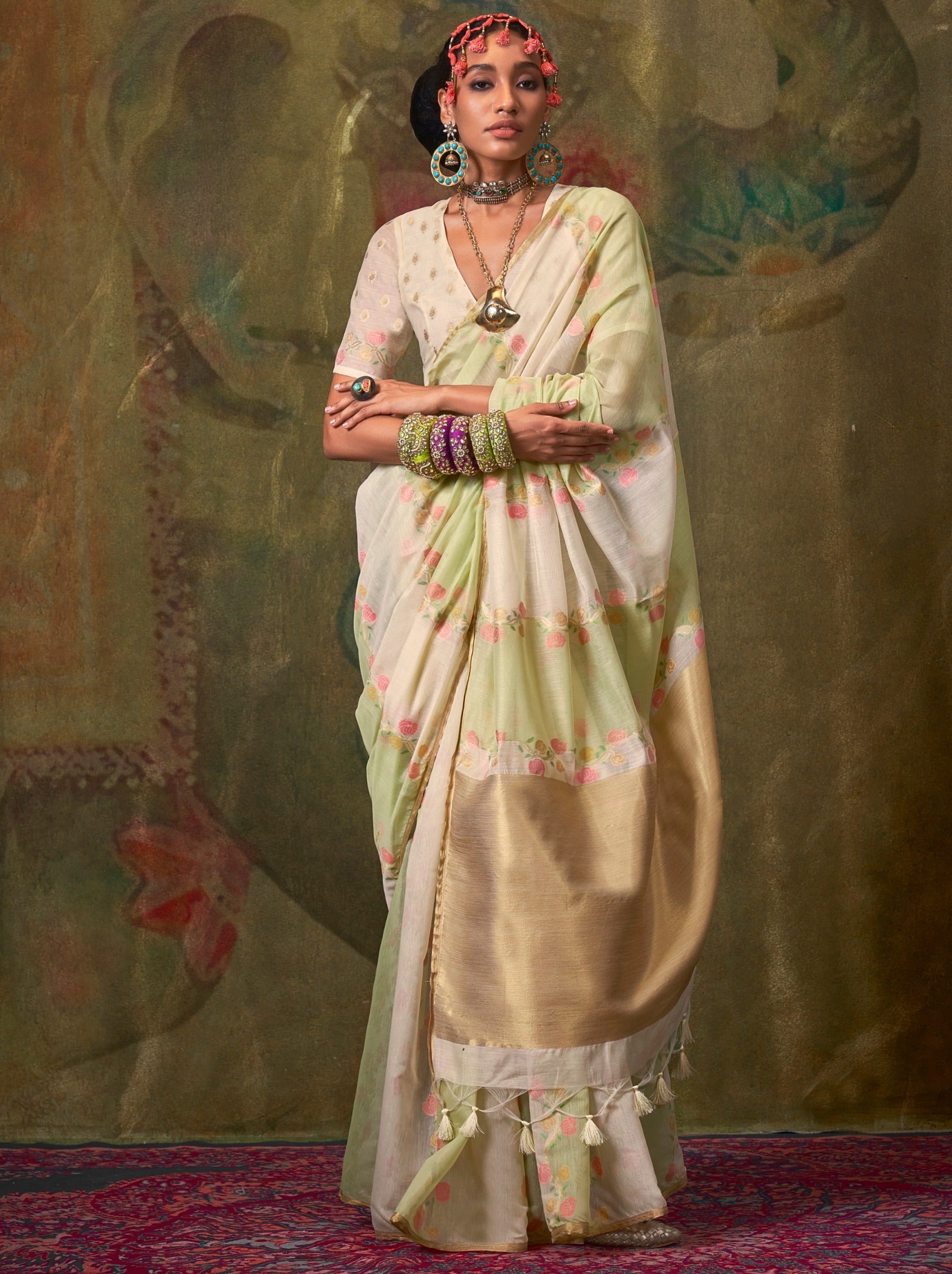Light Green Pure Weaving Fancy Fabric Party Saree - TrendOye