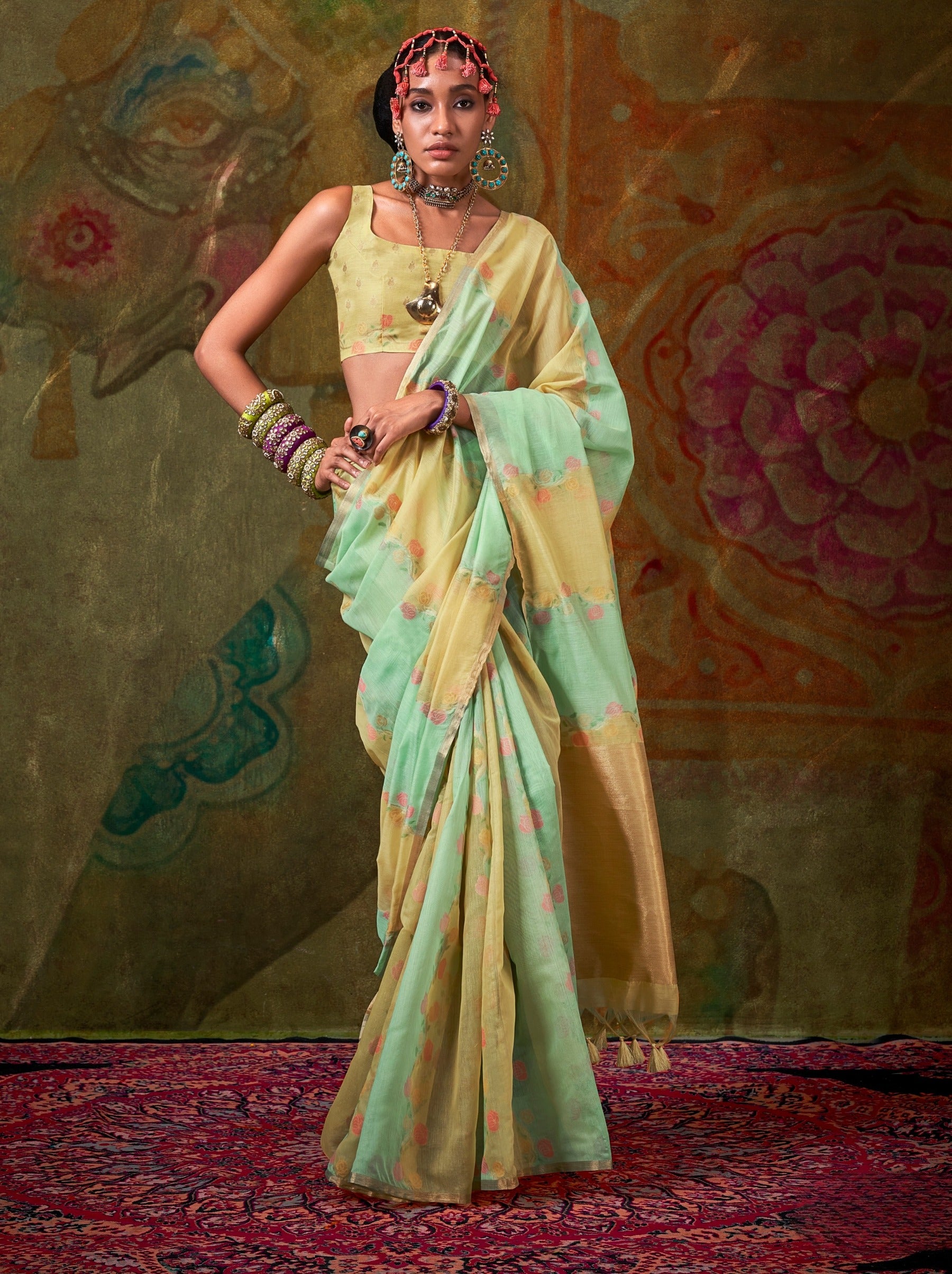 Mint Green Pure Weaving Fancy Fabric Party Saree - TrendOye