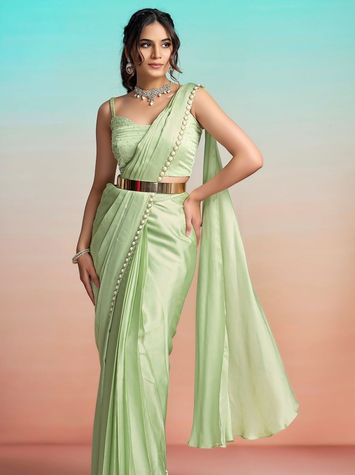 Pista Green Ready to Wear Premium Satin Silk Pearl Work Saree