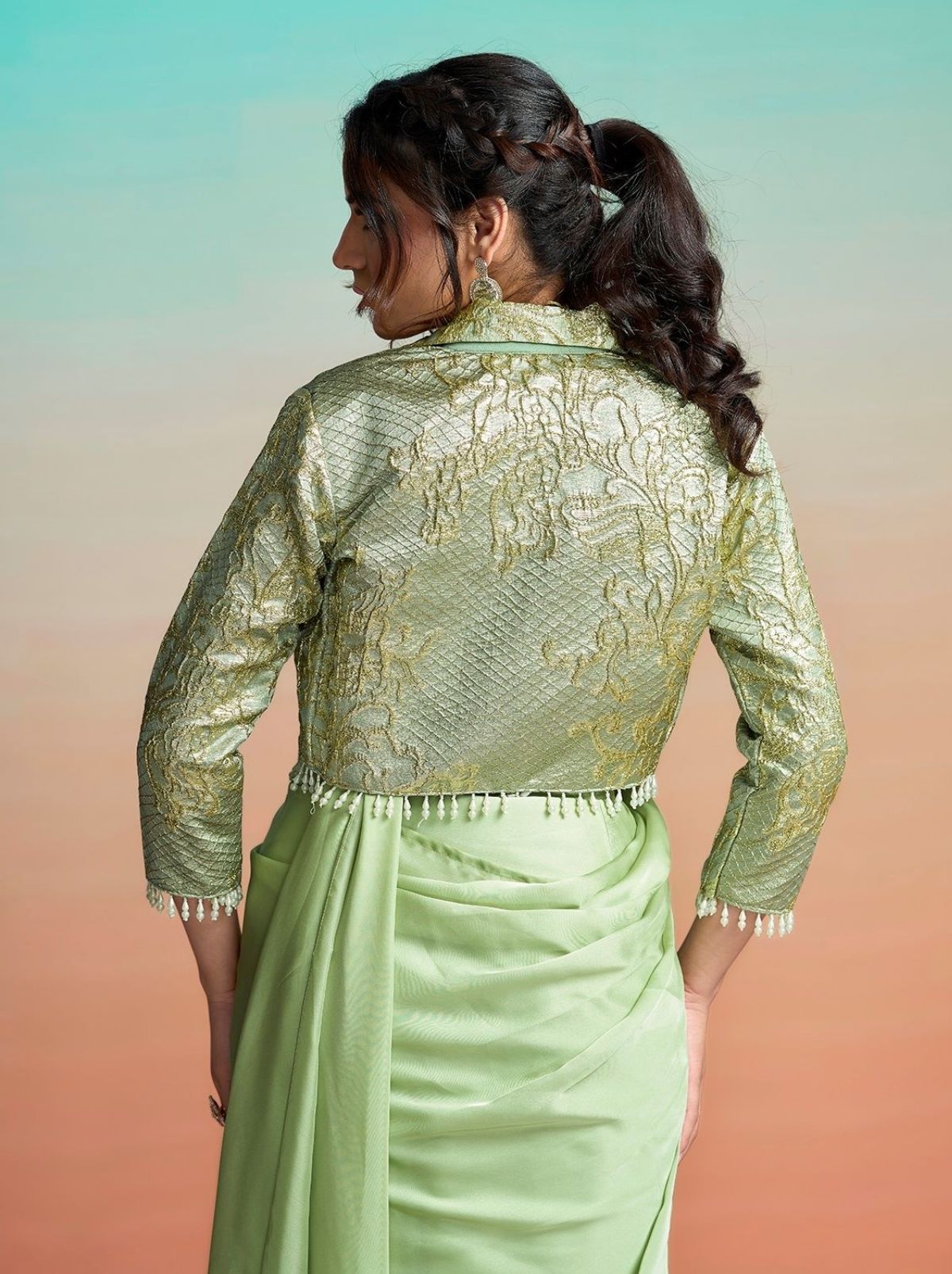 Pista Green Ready to Wear Premium Satin Silk Pearl Work Saree