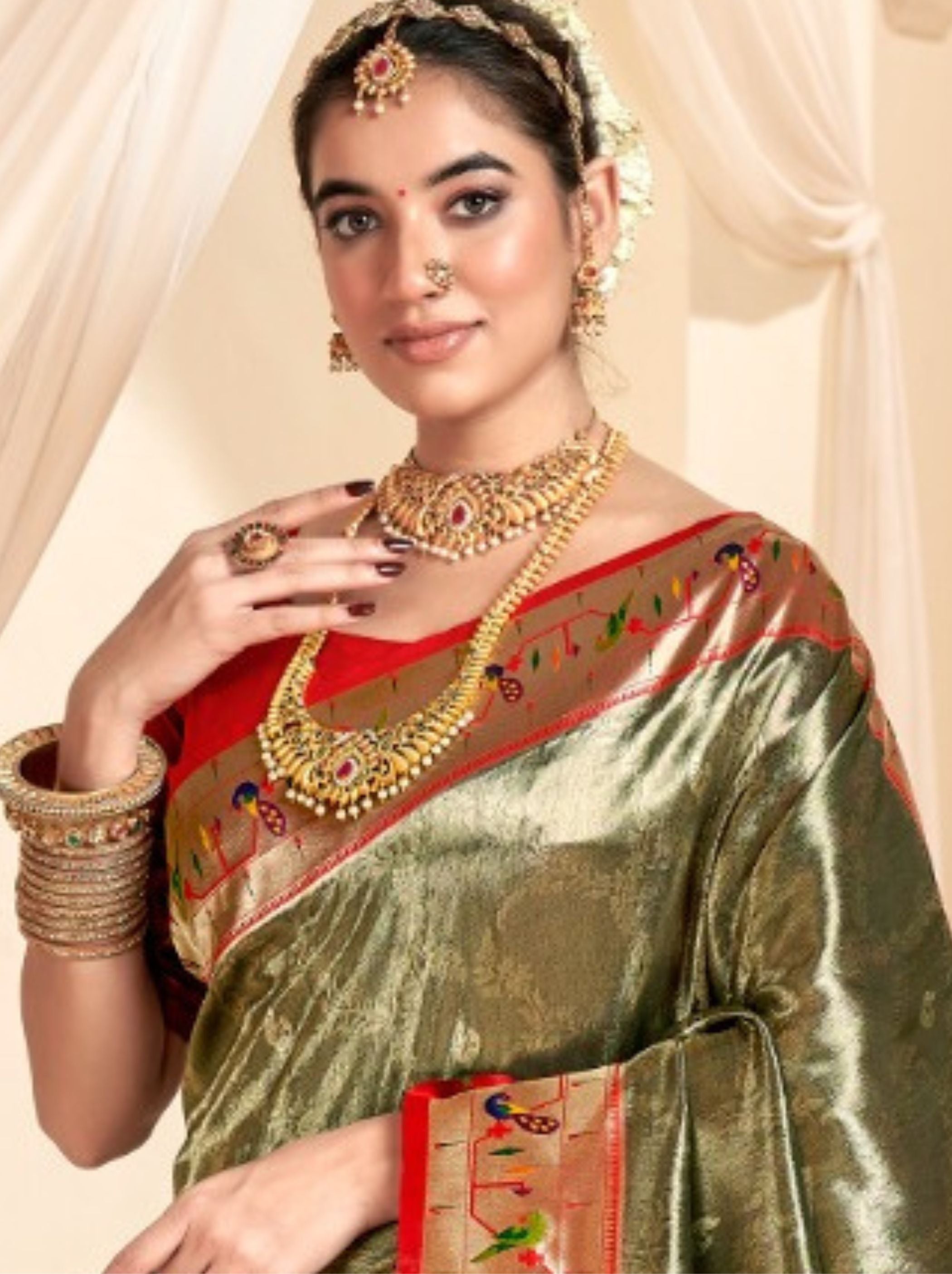 Army Green Paithani Silk Blended Saree - TrendOye