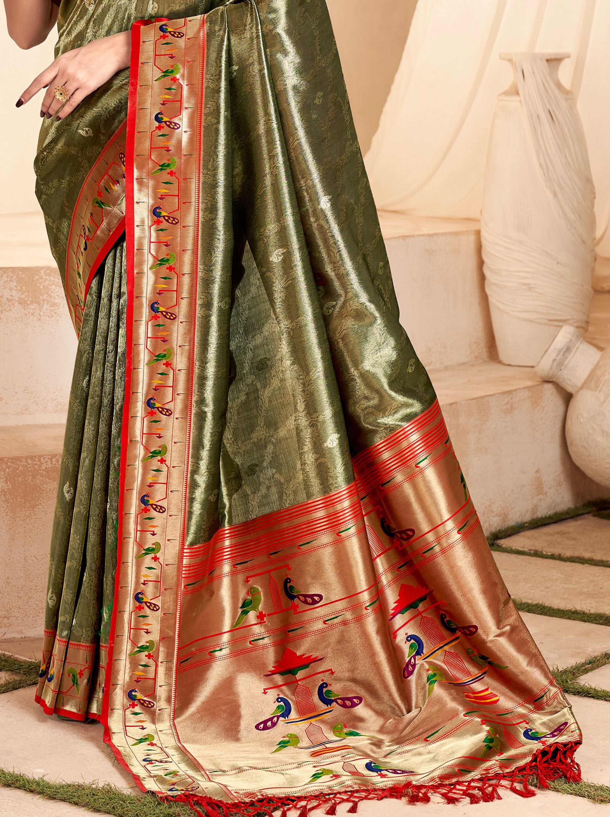 Army Green Paithani Silk Blended Saree - TrendOye