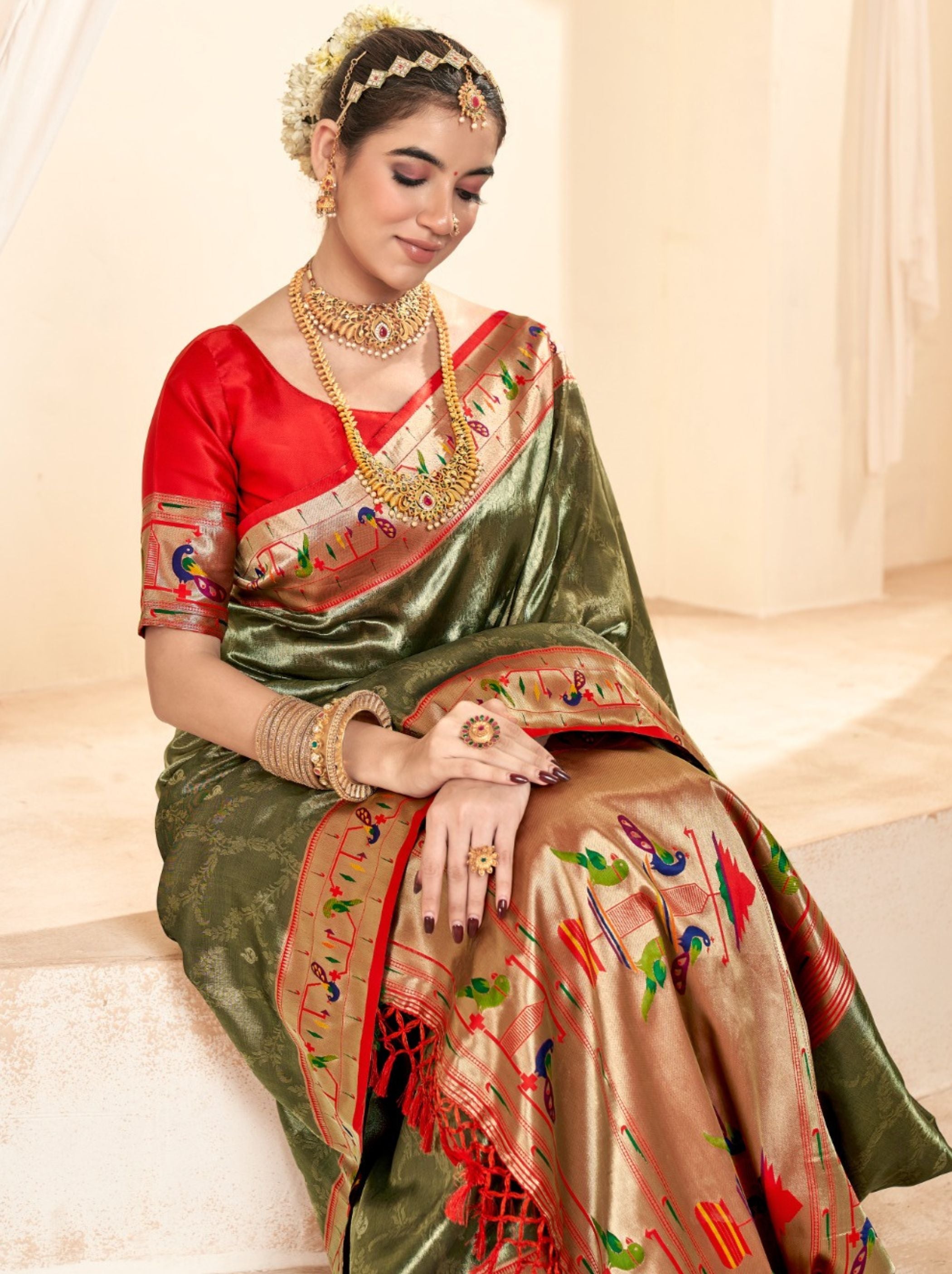 Army Green Paithani Silk Blended Saree - TrendOye