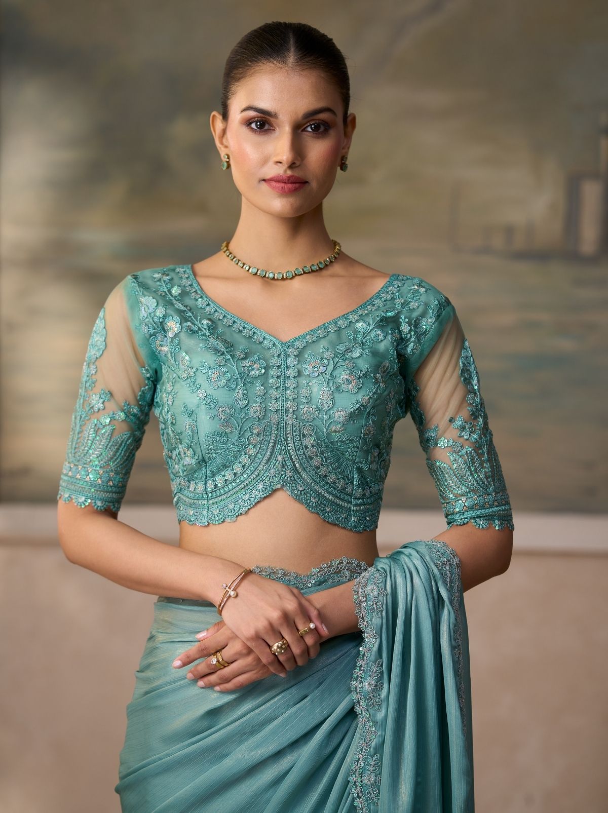 Persian Green Regal Embroidered Saree & Net Blouse With Premium Base Liner
