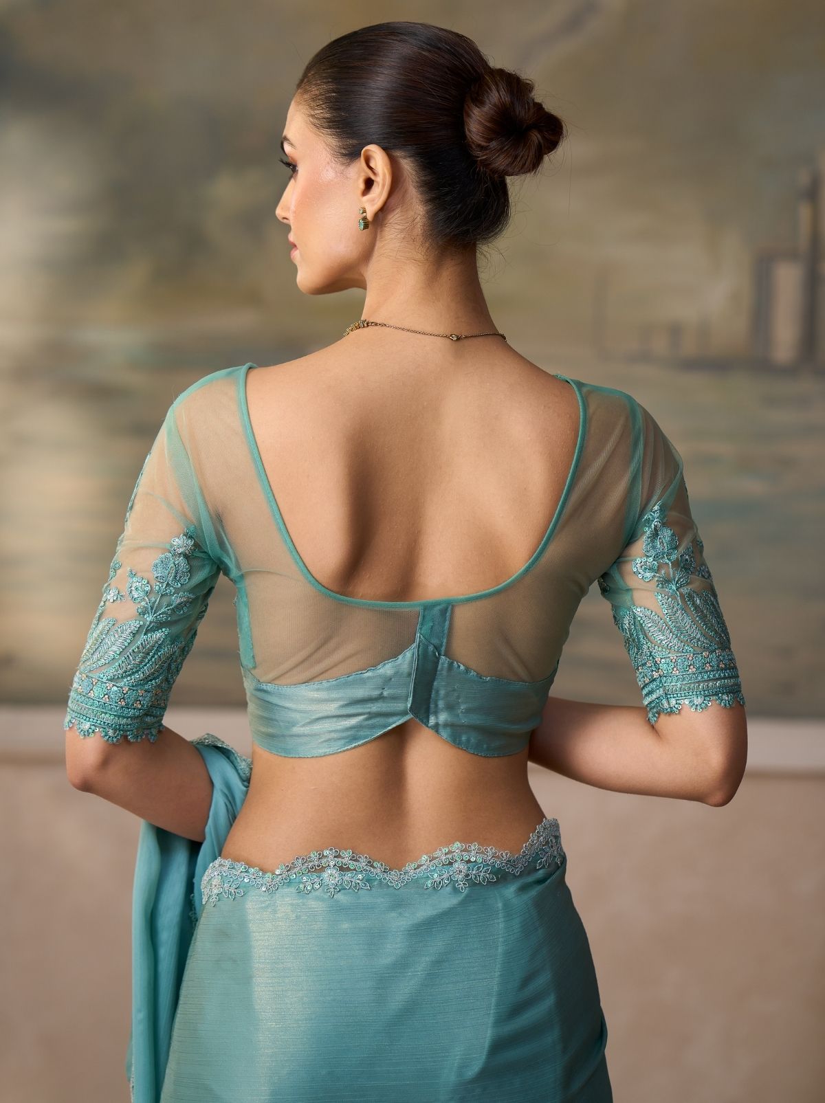 Persian Green Regal Embroidered Saree & Net Blouse With Premium Base Liner