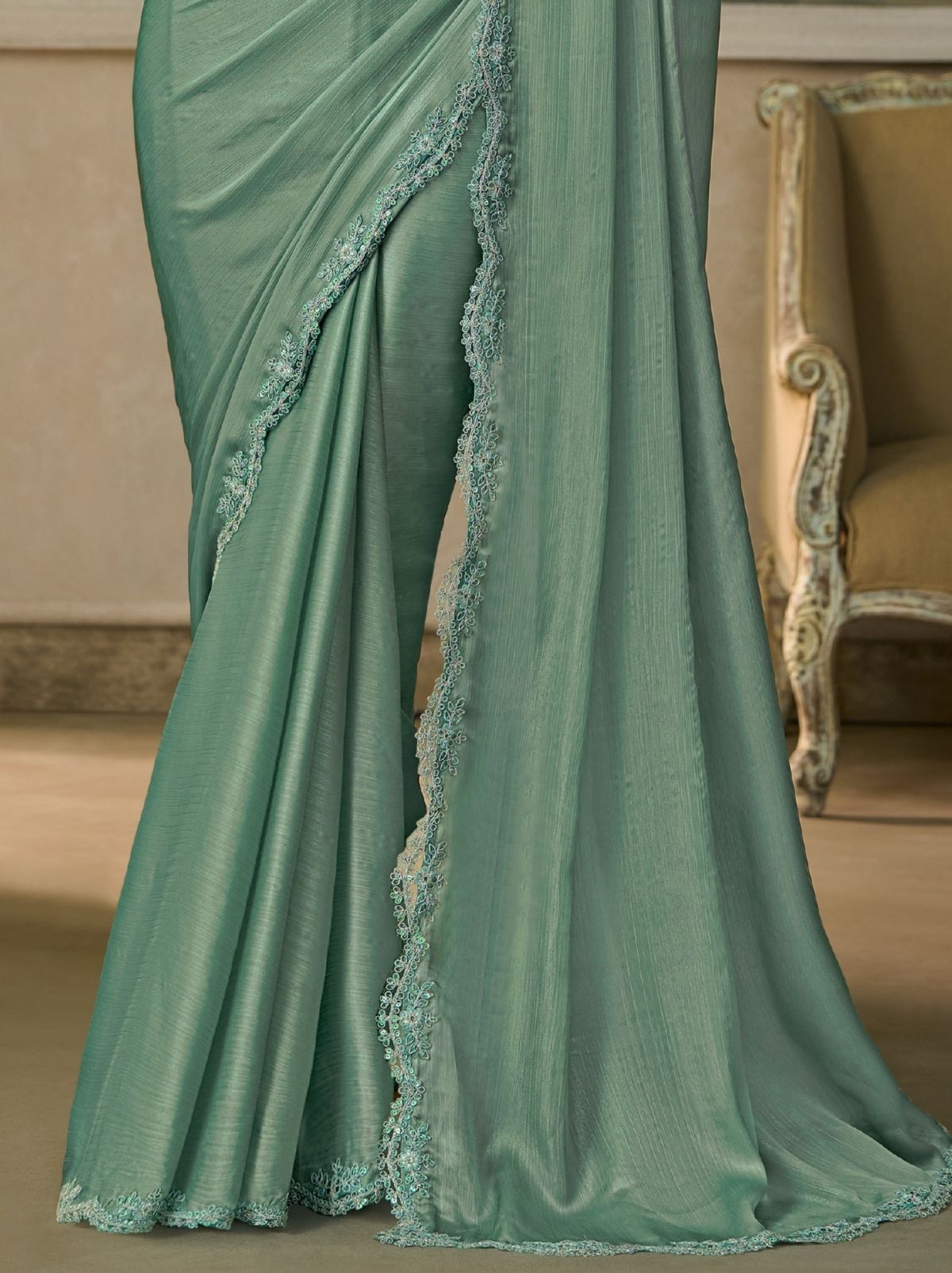 Persian Green Regal Embroidered Saree & Net Blouse With Premium Base Liner