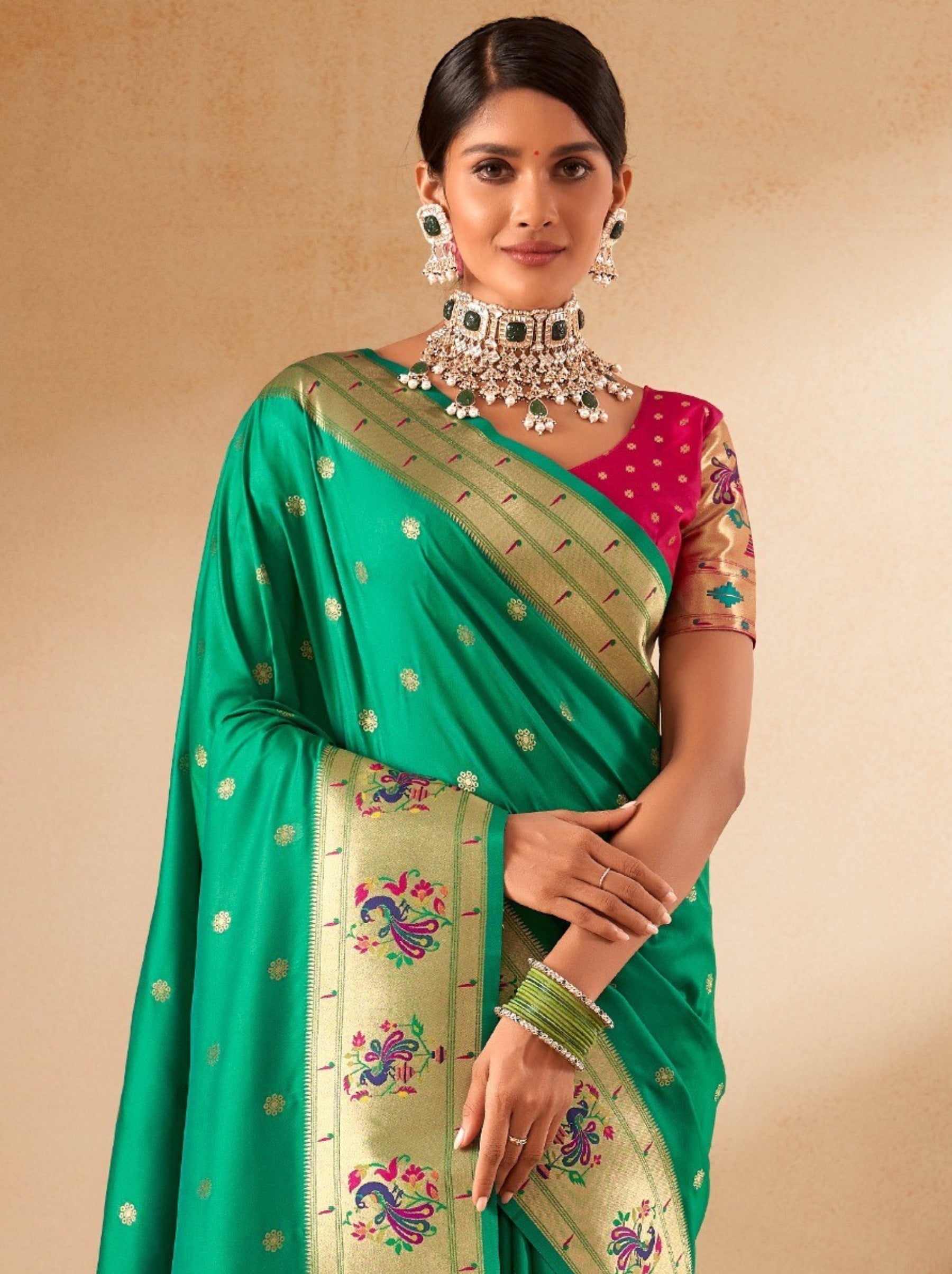 Persian Green Paithani Festive Saree - TrendOye