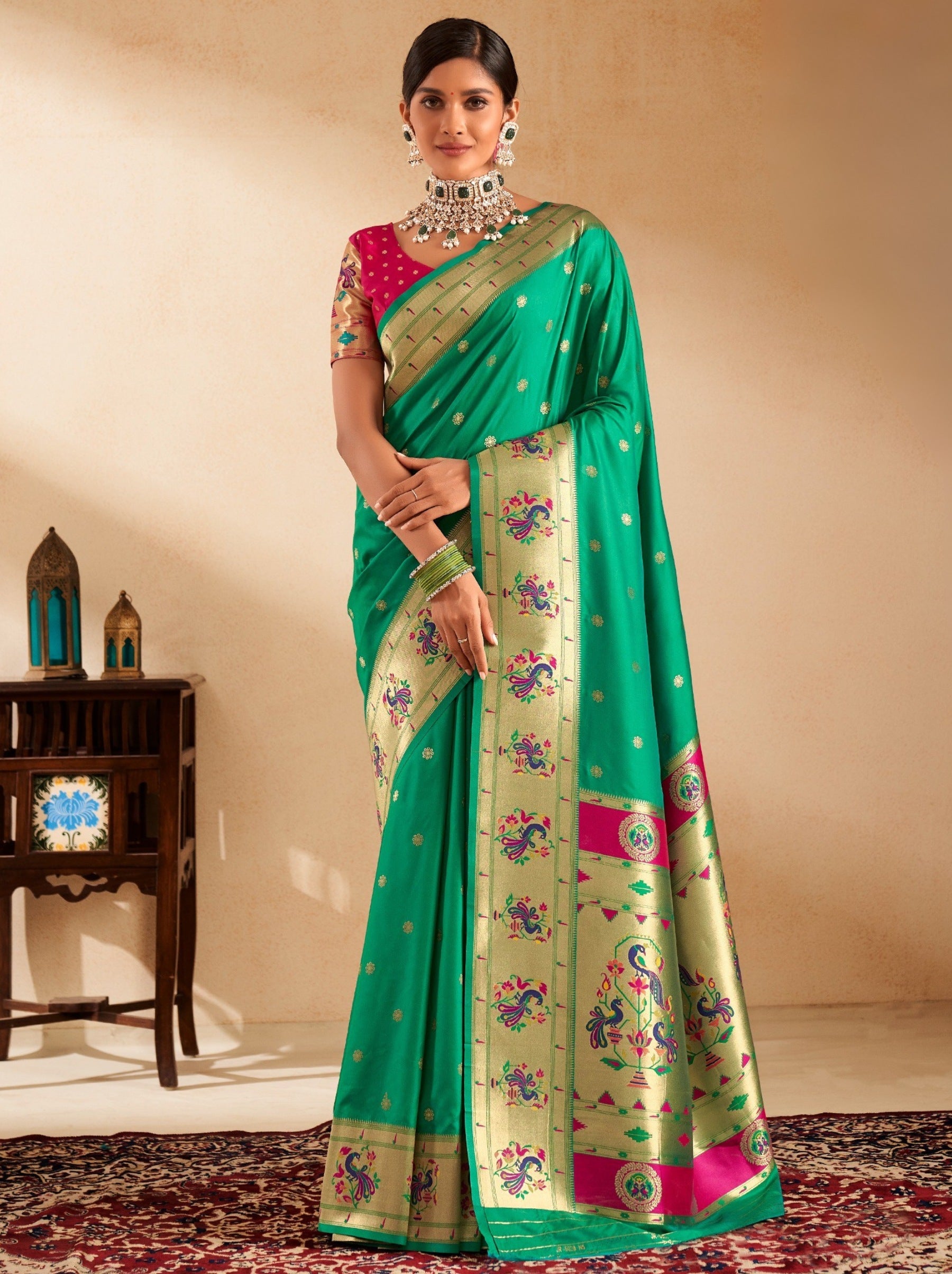 Persian Green Paithani Festive Saree - TrendOye