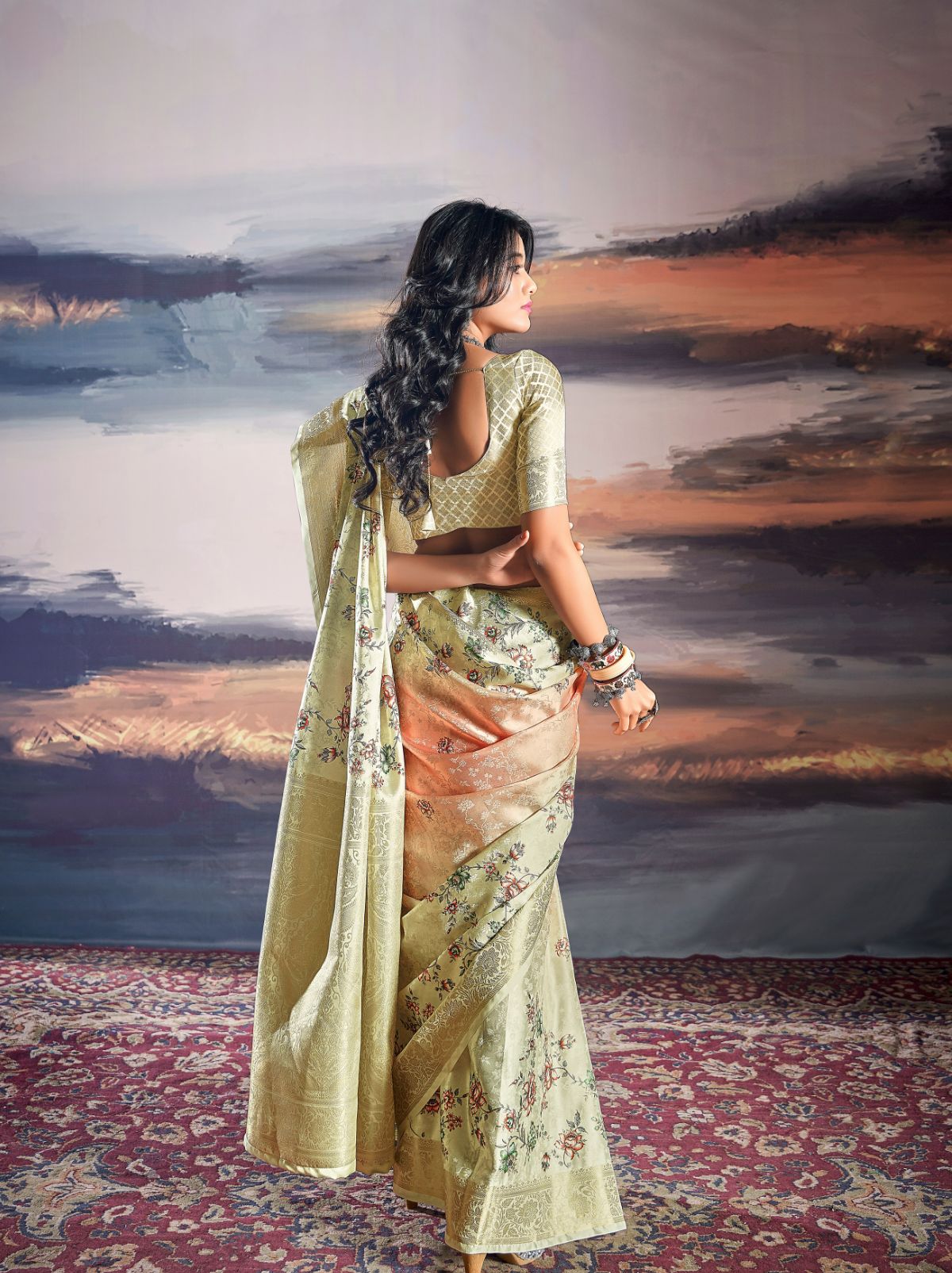Tea Green Fine Satin Digital Silk Dual Tone Designer Saree - TrendOye