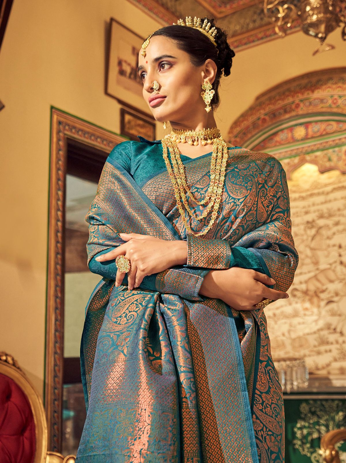 Teal Green Soft Silk Zari Weaving Saree With Blouse Piece