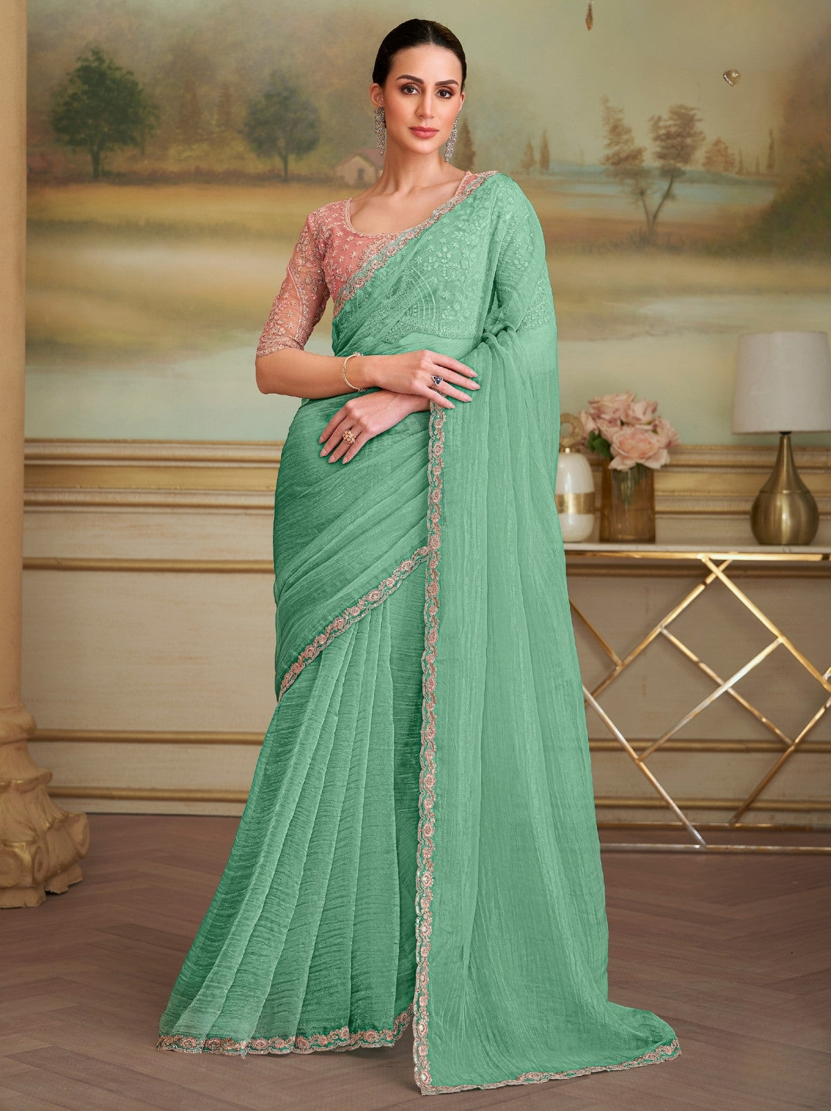 Mint Green Tissue Crush Georgette Silk Saree With Sequin & Thread Work