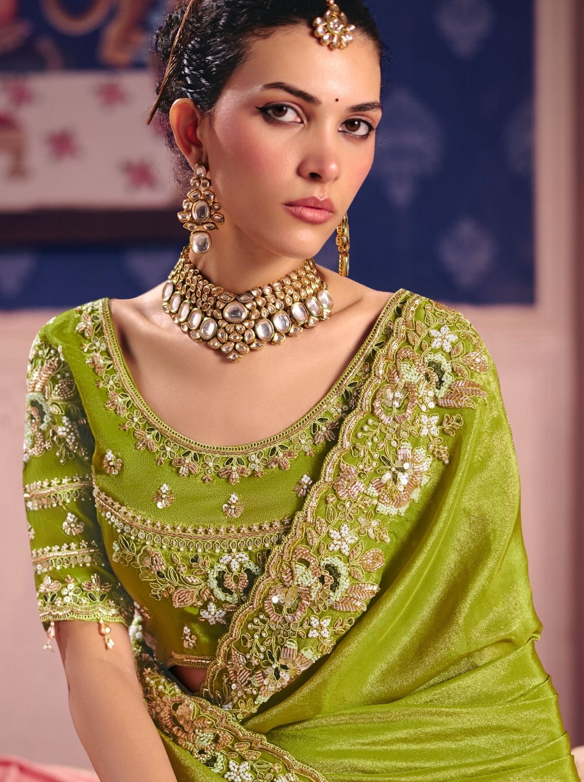 Limerick Green Tissue Silk Saree with Couture Beadwork & Zari Detailing