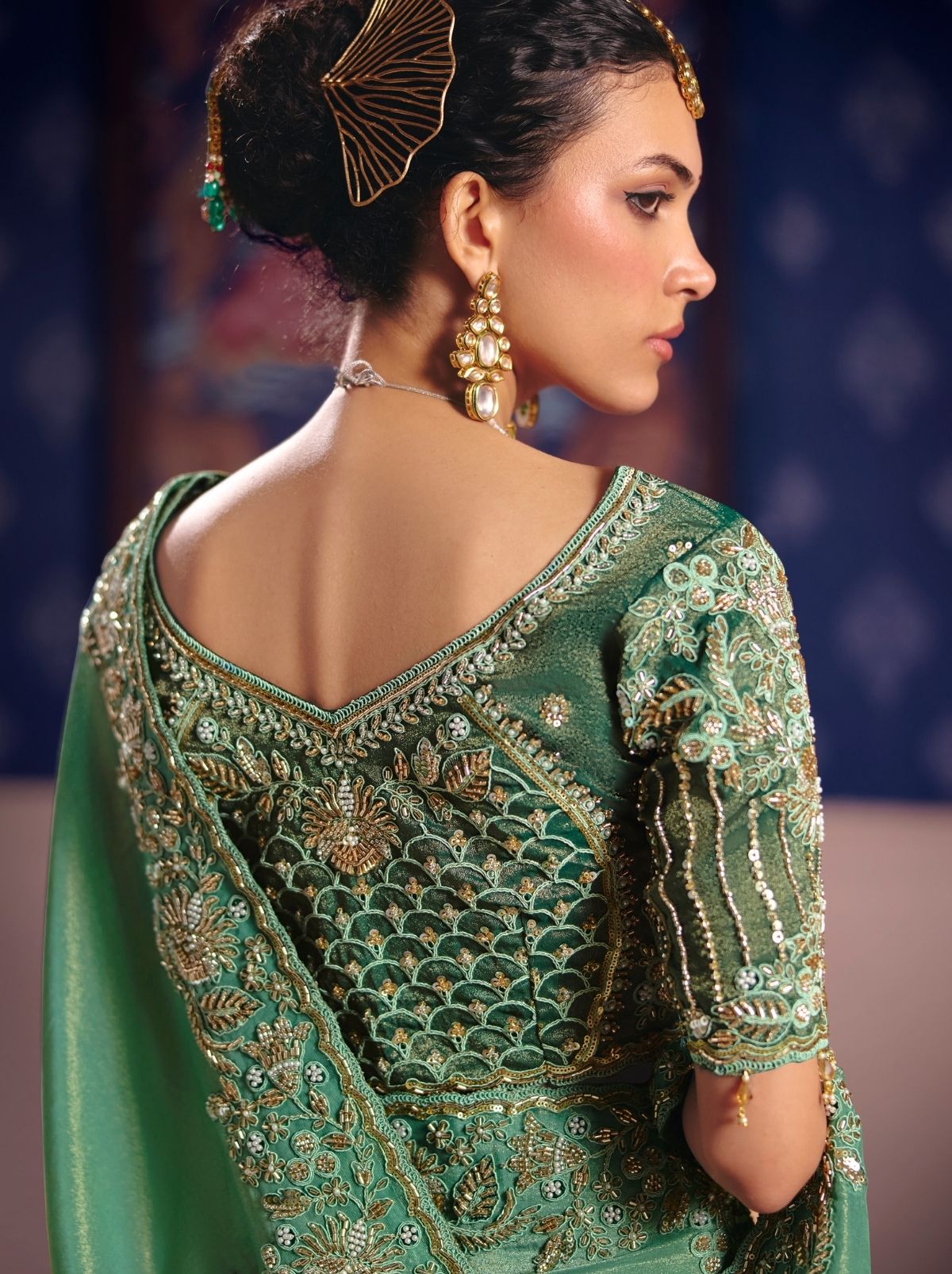 Jungle Green Tissue Silk Saree with Couture Beadwork & Zari Detailing
