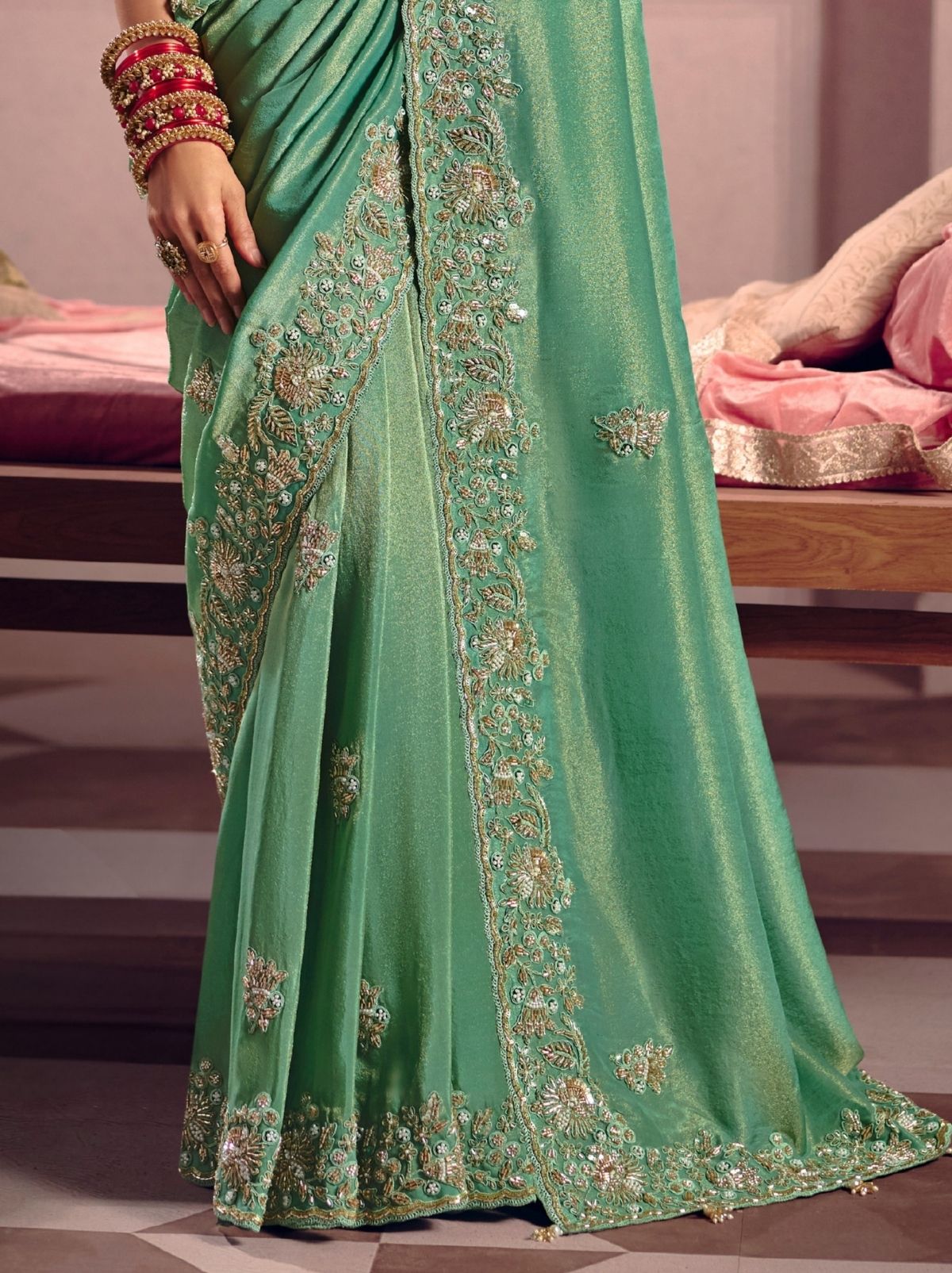 Jungle Green Tissue Silk Saree with Couture Beadwork & Zari Detailing
