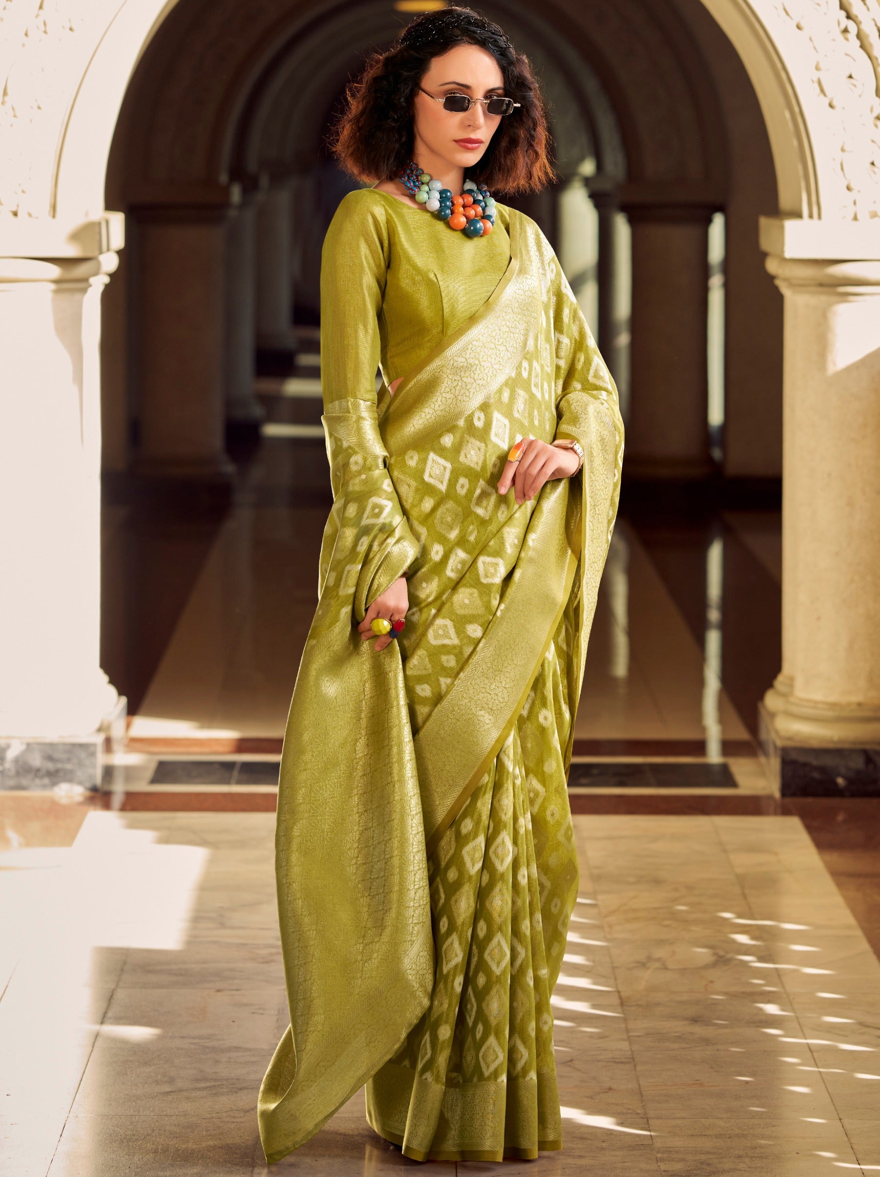 Apple Green Premium Tissue Silk Festive Saree - TrendOye