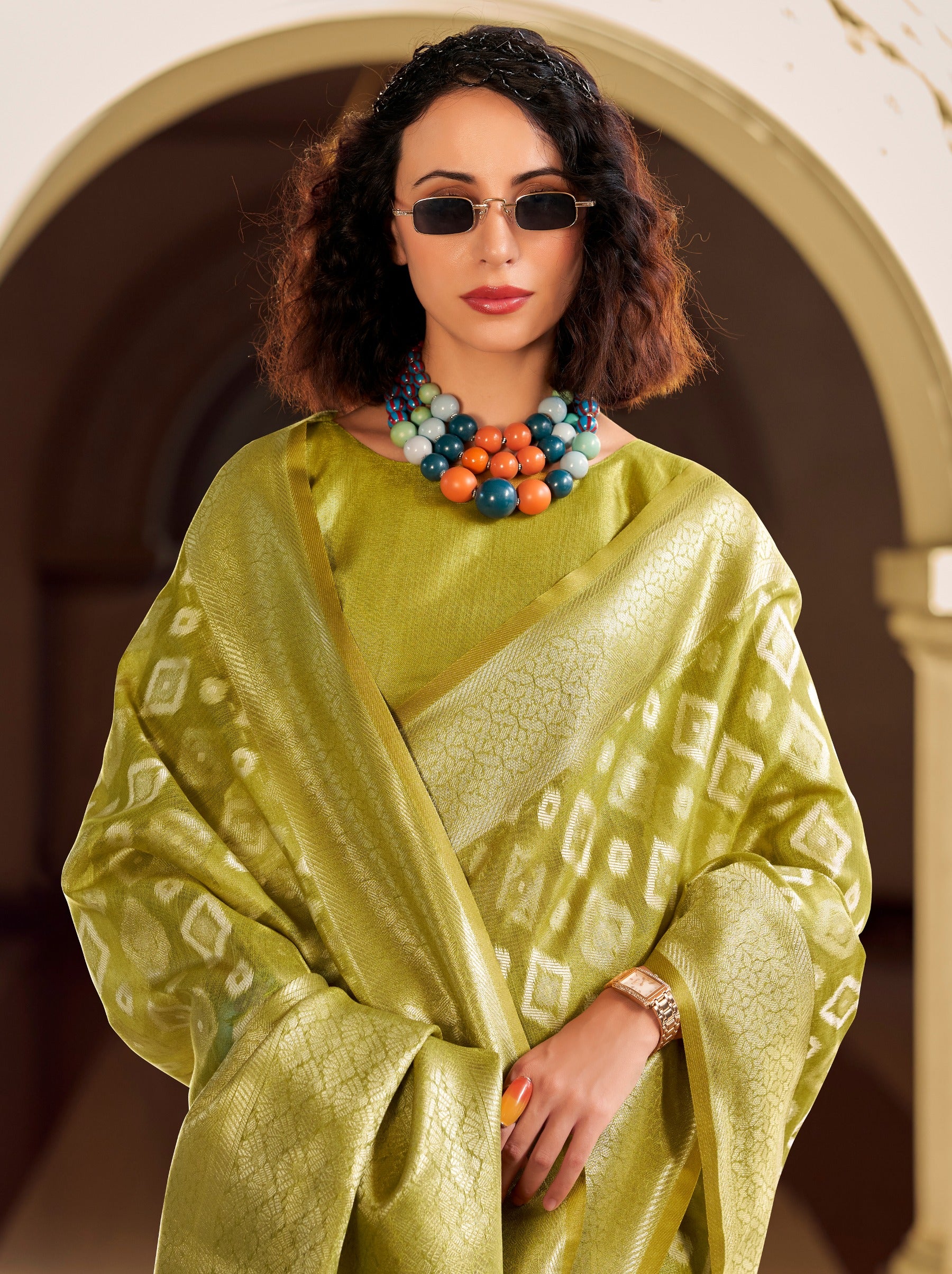 Apple Green Premium Tissue Silk Festive Saree - TrendOye