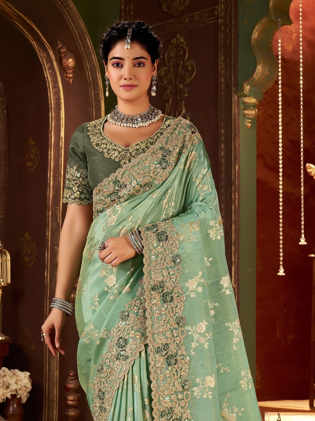 Pista Green Traditional Bridal Saree With Designer Blouse Piece