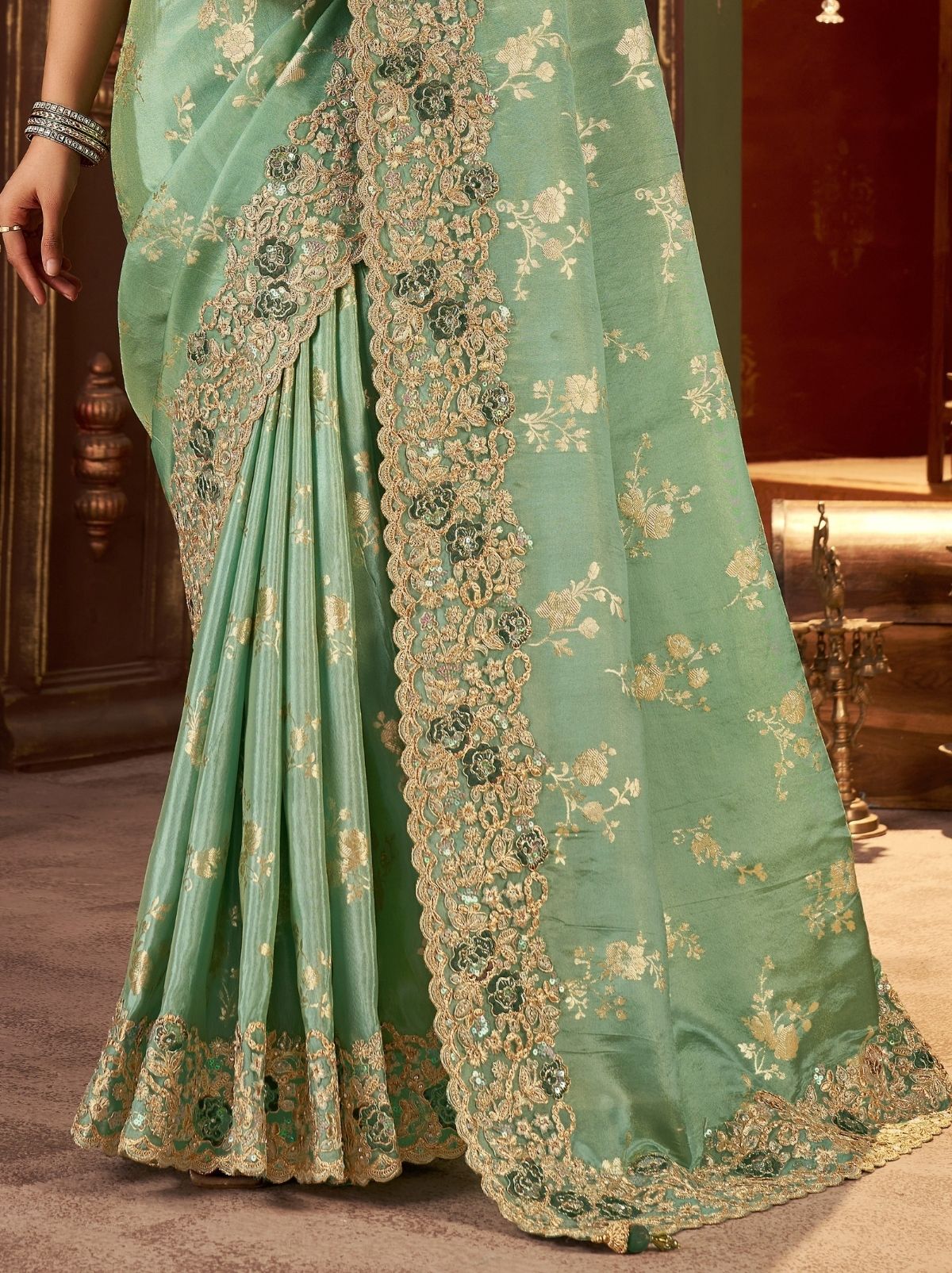 Pista Green Traditional Bridal Saree With Designer Blouse Piece