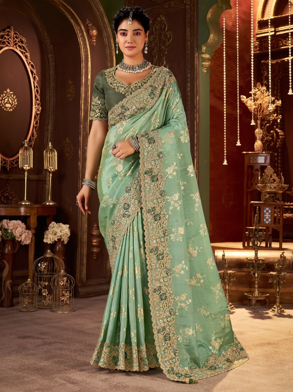 Pista Green Traditional Bridal Saree With Designer Blouse Piece