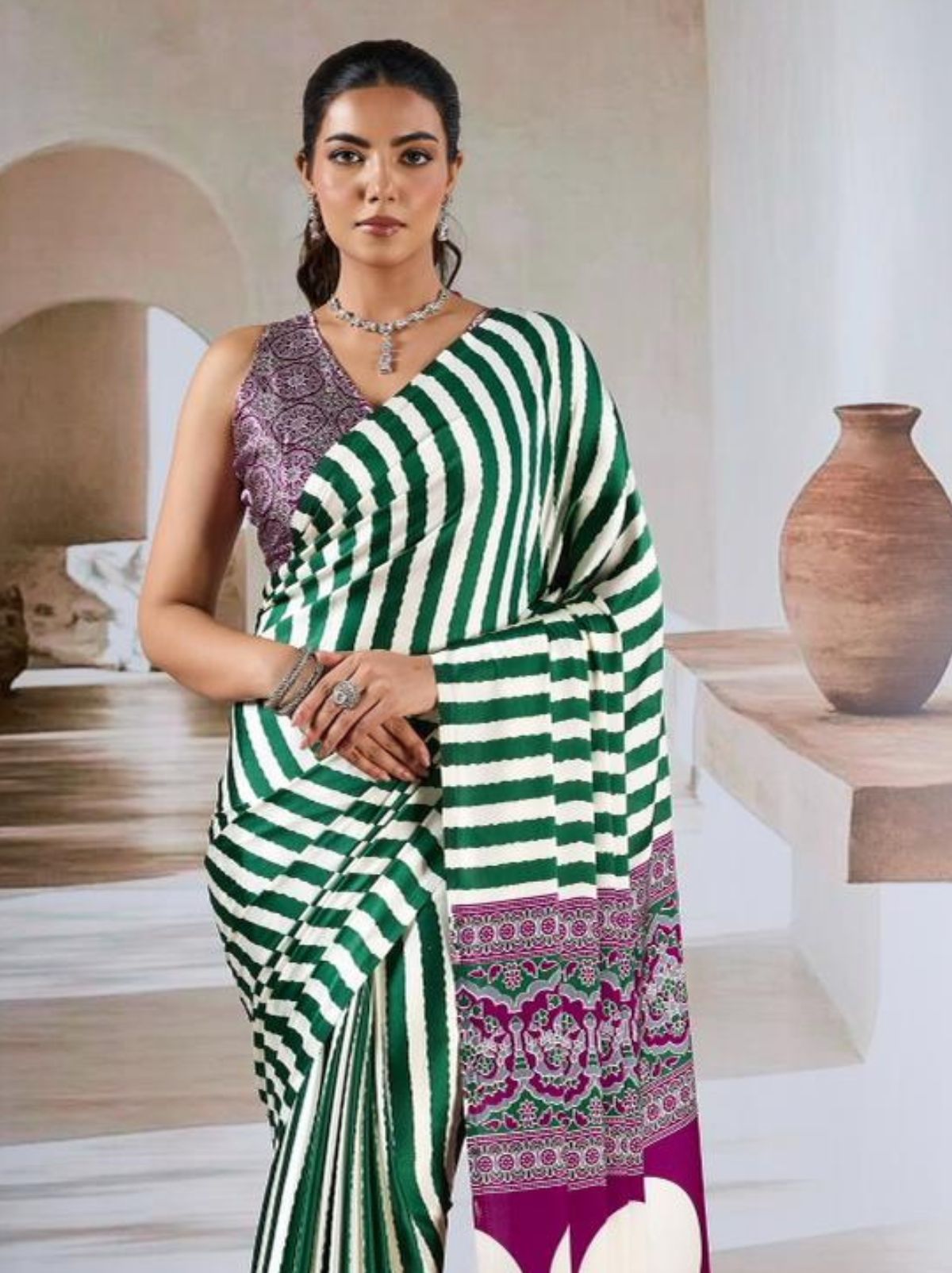 Hunter Green Trendy Striped Ajrakh Print Saree With Blouse Piece - TrendOye