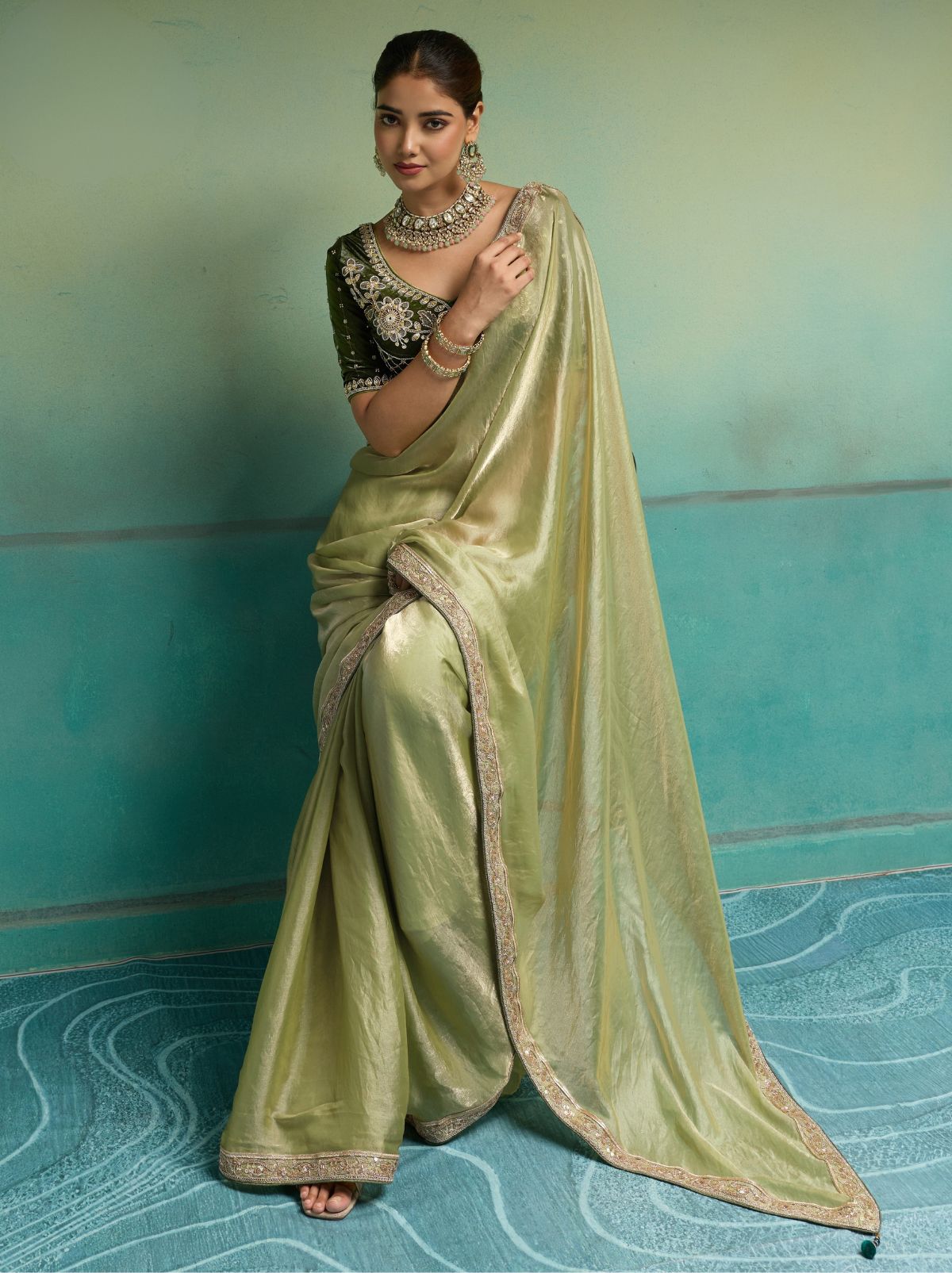 Pistachio Green Velvet Satin Celebration Saree with Heavy Blouse